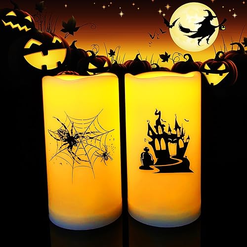 Paquete de 2 velas LED de Halloween a pilas de 3 x 6 pulgadas, diseño de castillo de araña, velas parpadeantes sin llama de plástico con