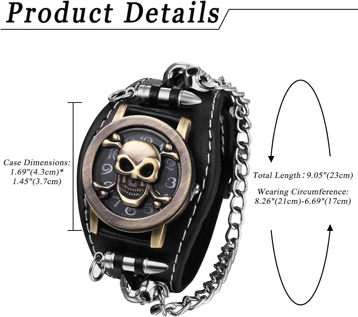 JewelryWe Wide Leather Cuff Watch: Men Women Rock Collection Punk Skull Wristwatch Cuff Band