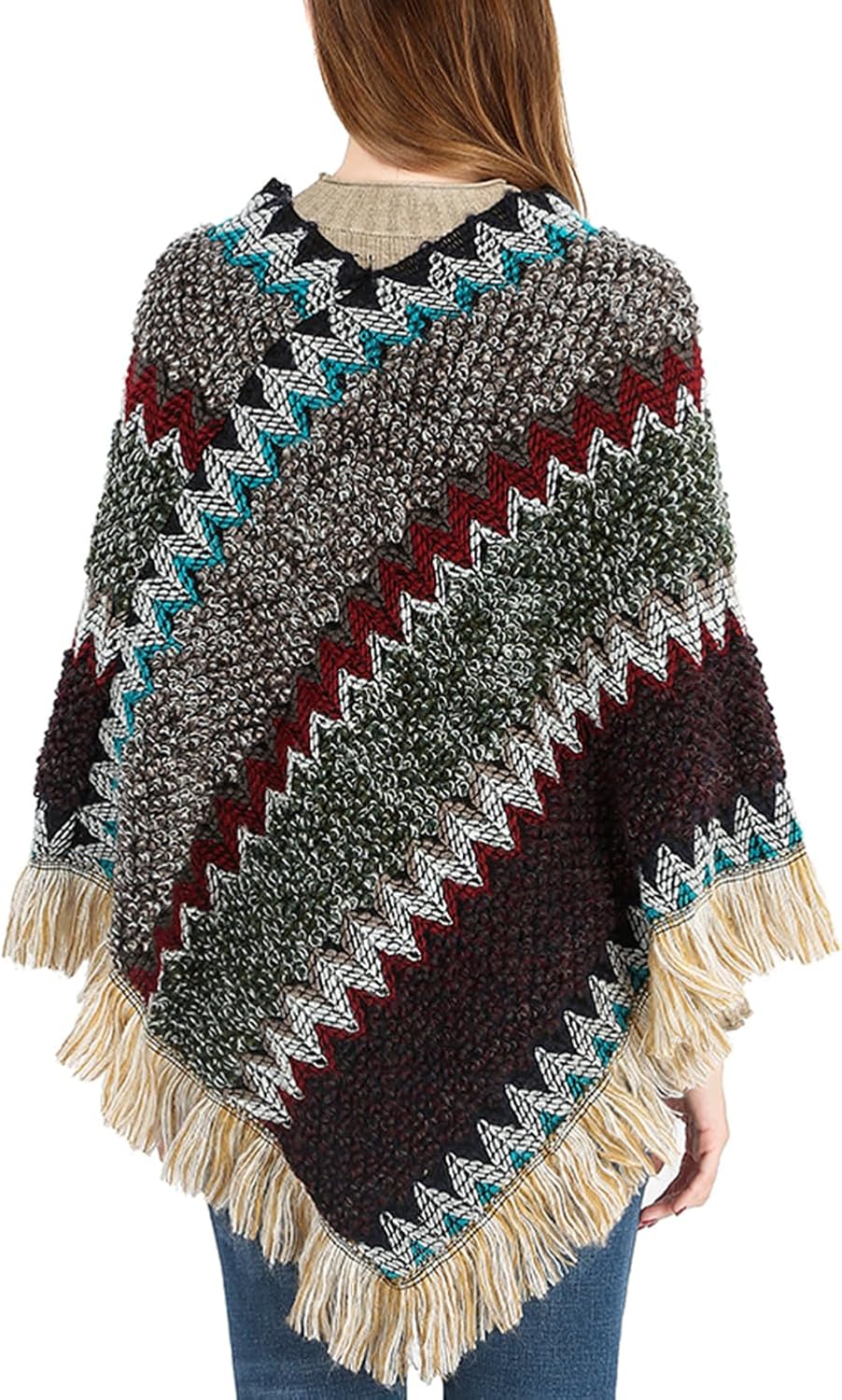 Women's Poncho Sweater Zig Zag Knit Mexican Poncho Wrap Fall Hippie Soft Fringe Crochet Shawl Asymmetrical Cape - Image 4