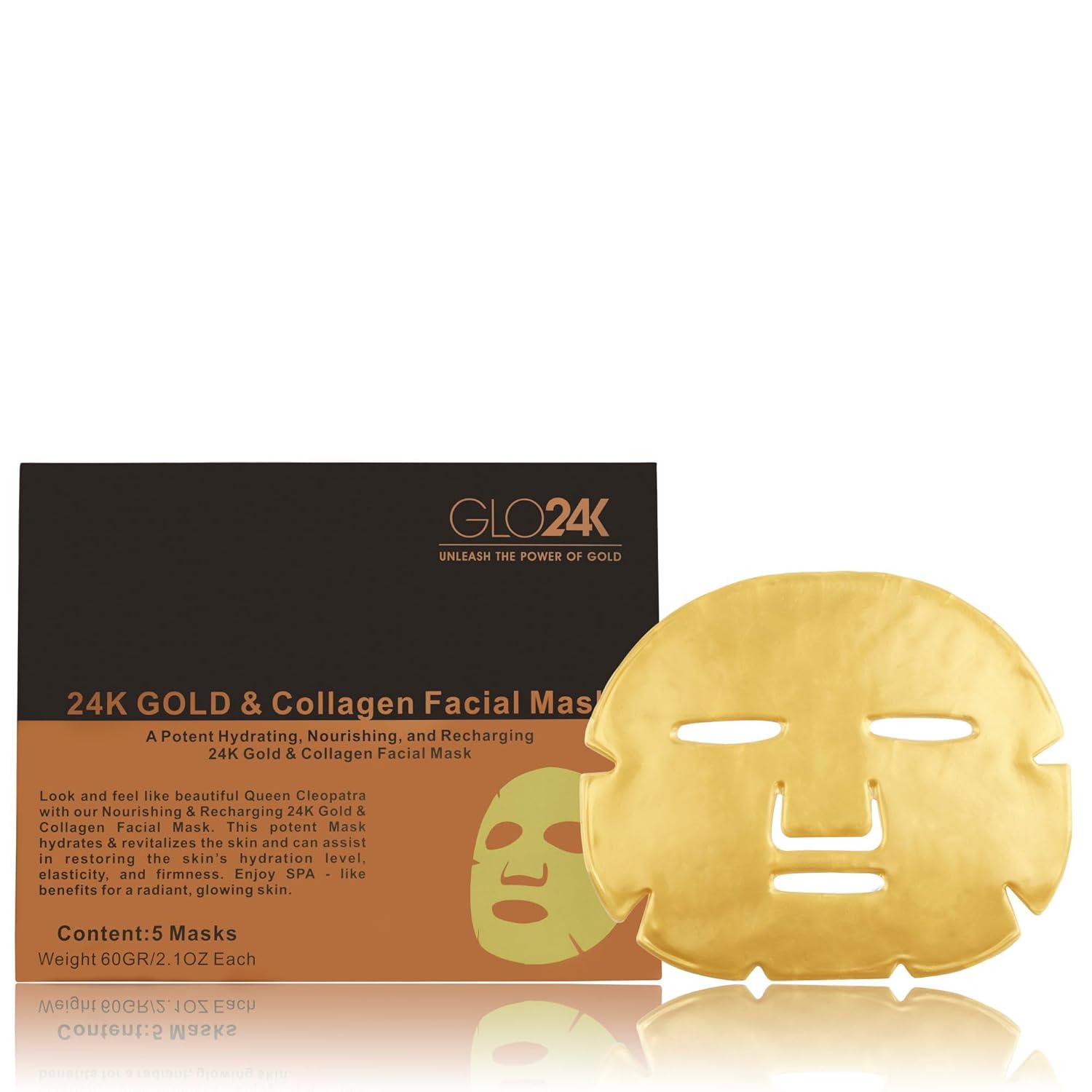 Glo24K 24K Gold and Collagen Facial Mask a Potent Hydrating, Nourishing, and Recharging Sheet Face Mask for Radiant Looking Skin