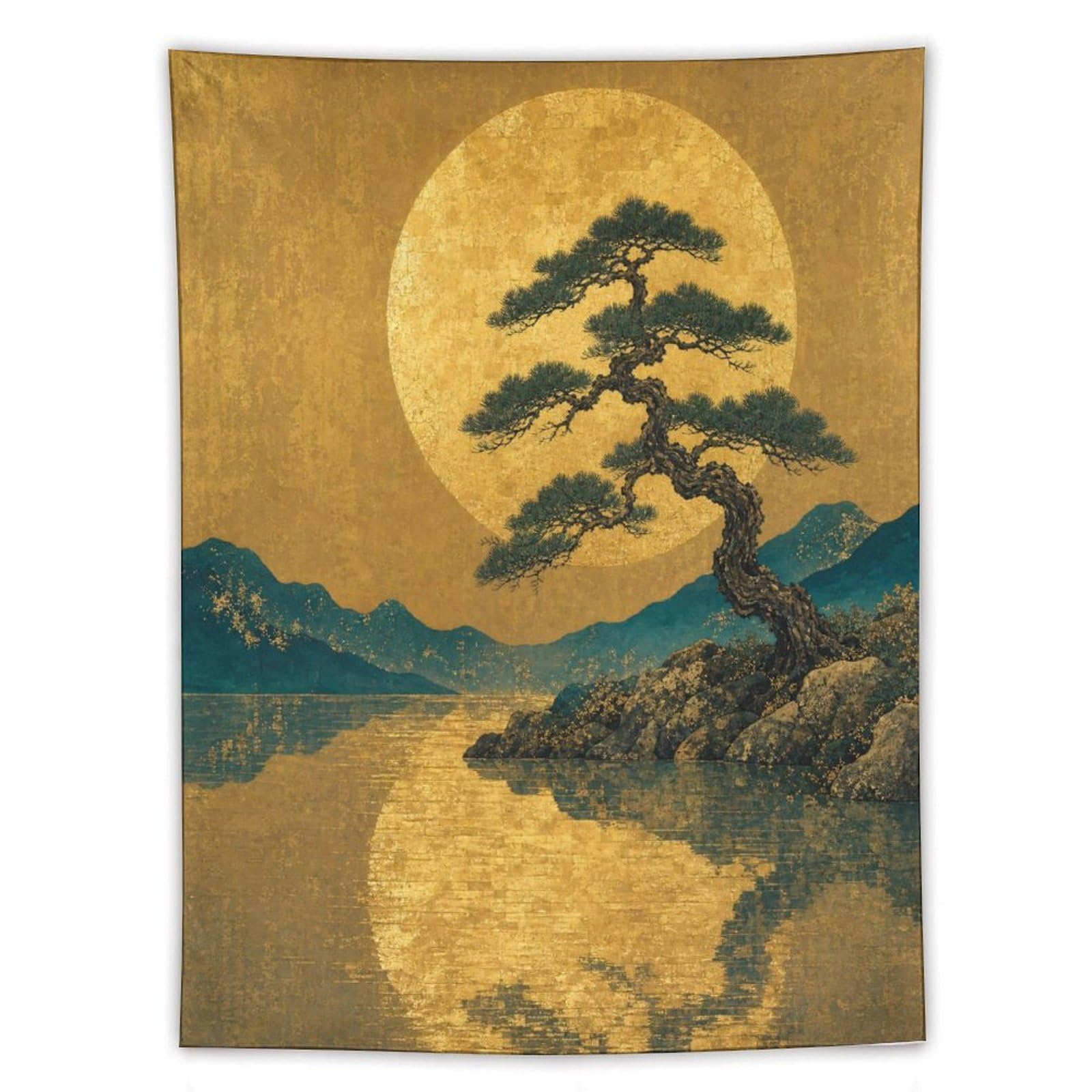H3B8U2Y5 Golden Moon Pine Landscape Wall Tapestry, Ukiyo-e, College Dorm