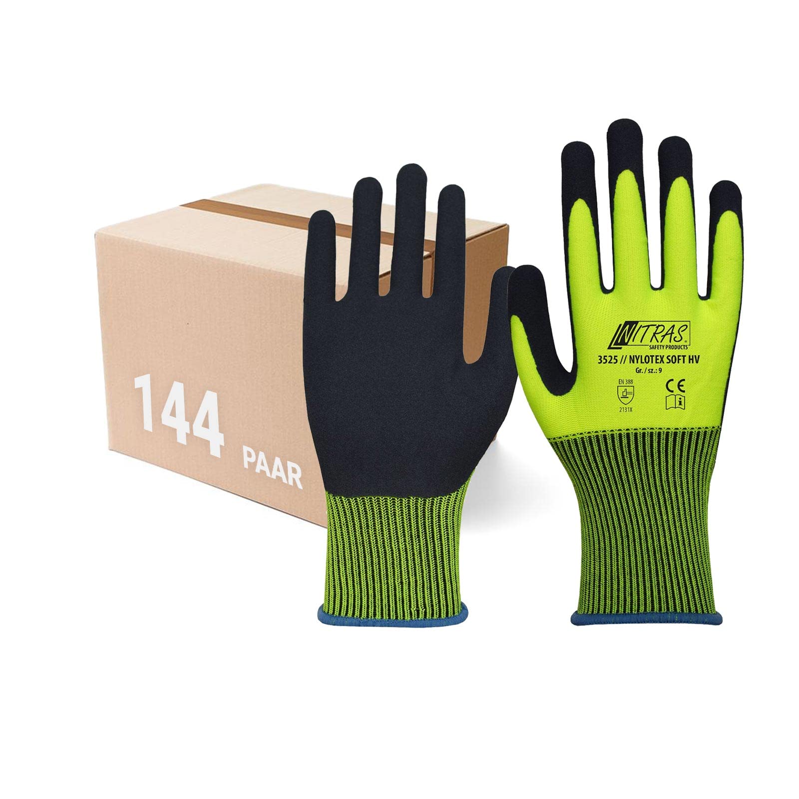 Nitras Rękawice ochronne Nylotex Soft HV 3525 144 par - rękawice ogrodowe, rękawice budowlane, kolor sygnałowy, miękkie, antypoślizgowe, lateksowe, rozmiar: 11