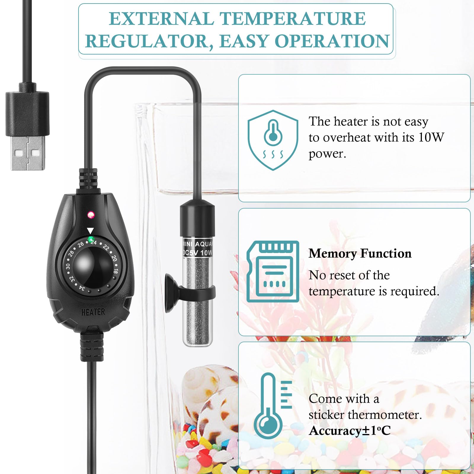 PYPABL 10W Super Mini USB Aquarium Heater, Small Adjustable Heater for Small Fish Tank 1-10L, with External Controller - Image 4