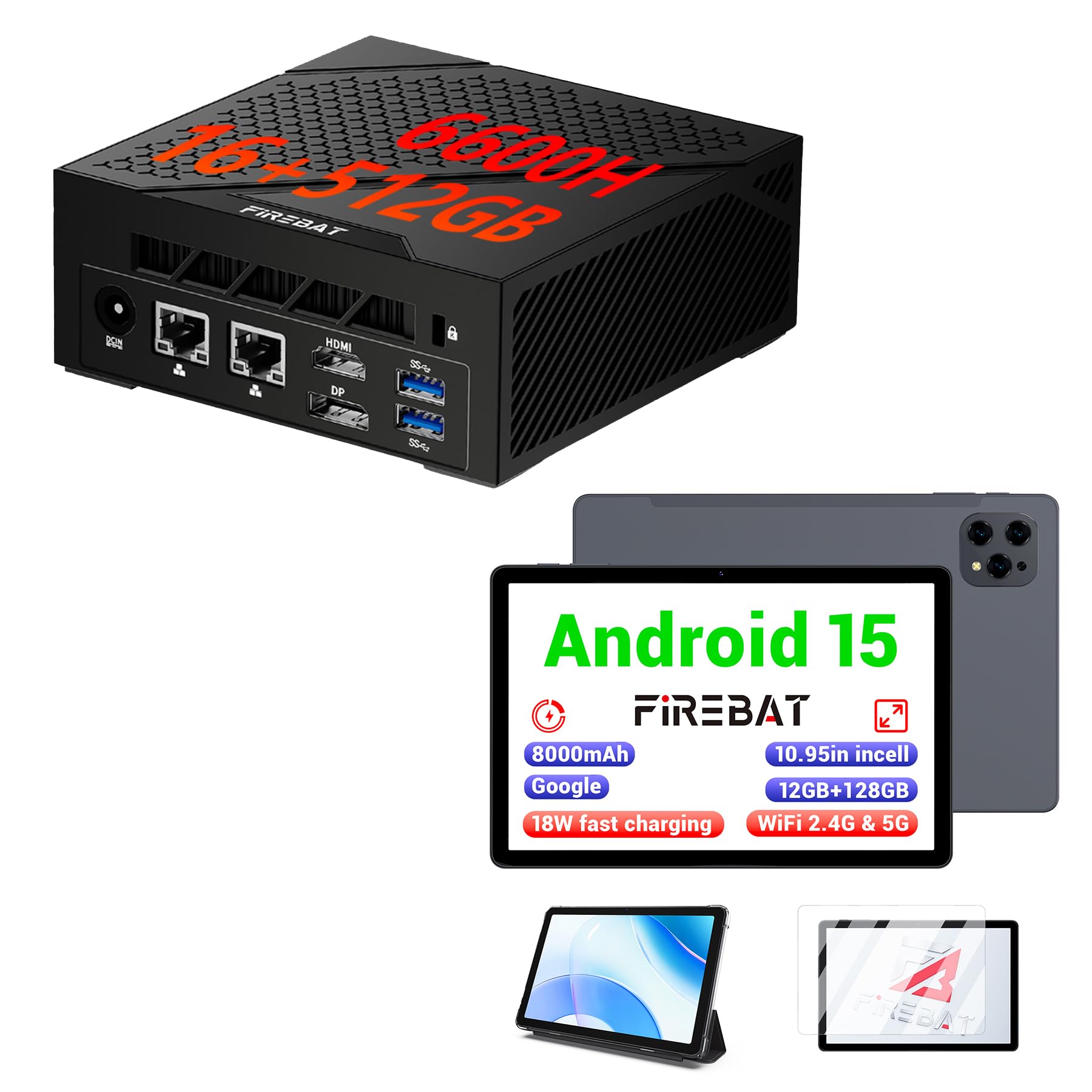 FIREBAT 10.95 Inch in-Cell 1920x1200 Touchscreen Android 15 Tablet & AM02 Model (Black, AMD Ryzen5 6600H CPU, 4.5GHz, 16GB RAM, 512GB SSD)