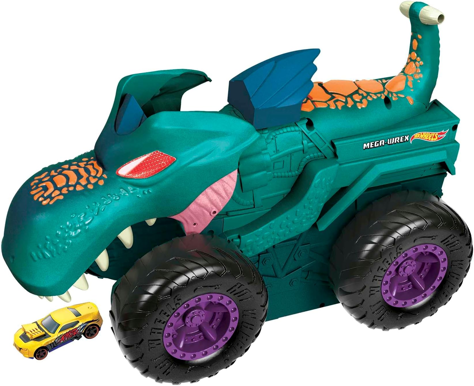 Monster Trucks, Car Chompin' Mega Wrex, Eats and Dumps Cars, Lights and Sounds, Includes 1 Toy Car in 1:64 Scale, Toys for Ages 4 and Up, One Pack, GYL13