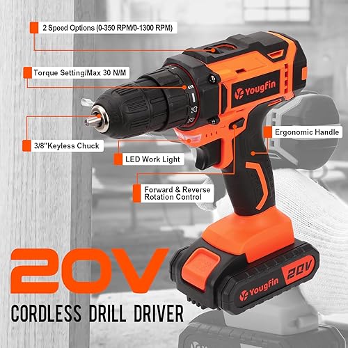 Miniatura 2 de Yougfin - Kit de herramientas con taladro, taladro eléctrico inalámbrico de 20 V con 2 baterías y cargador de taladro, kit combinado para hombres
