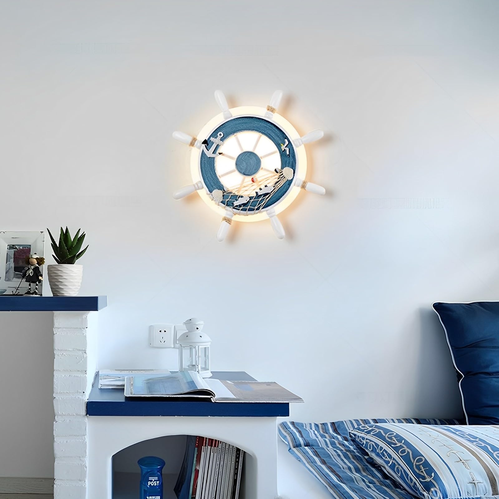 Lampe Murale LED Moderne pour Chambre d'enfant Lampe Murale en Bois avec Volant et gouvernail de Bateau Applique Murale pour arrière-Plan de café Chambre d'enfant