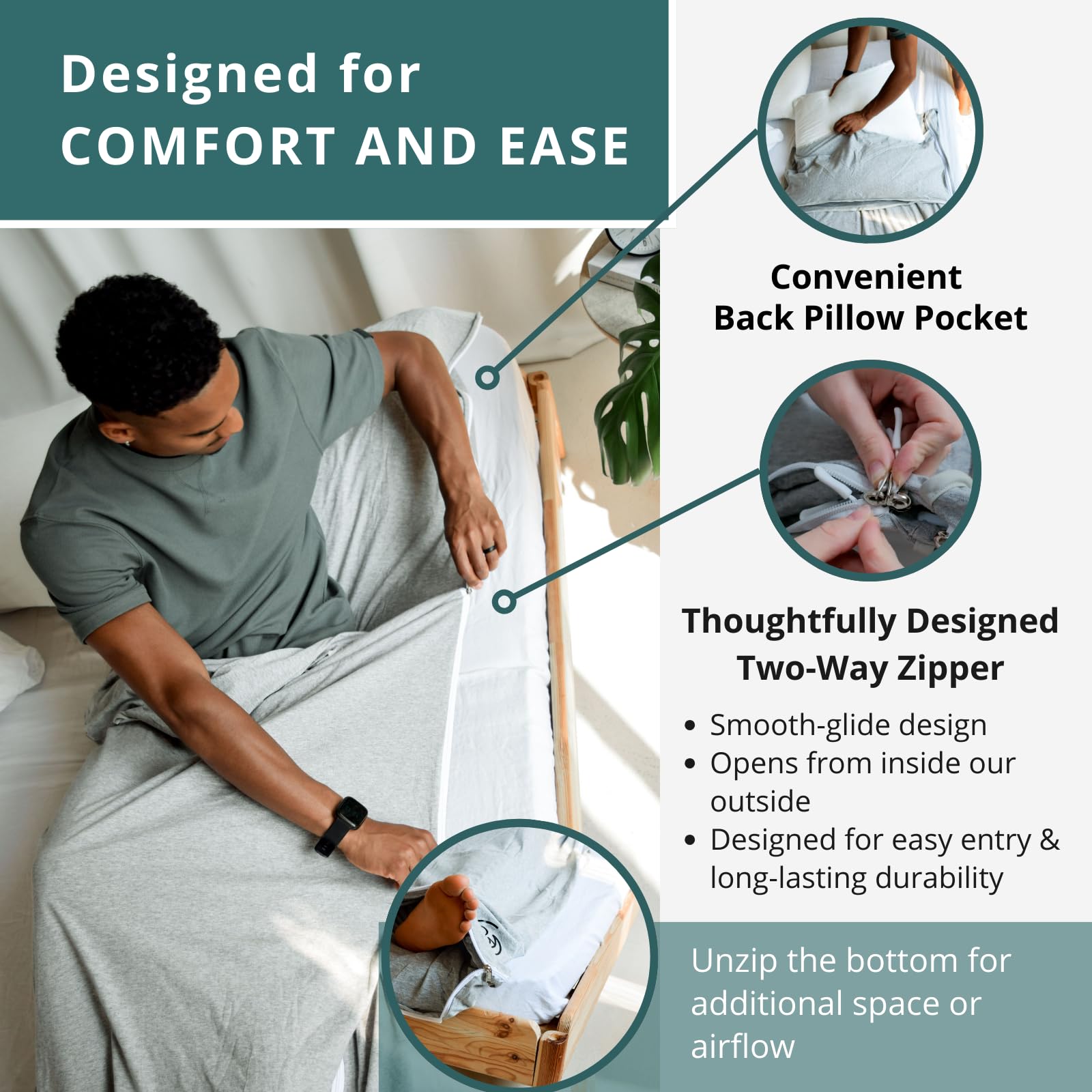 Forro de saco de dormir 100% algodón, reversible, elástico, de jersey de algodón, cremallera, bolsillo de almohada, se convierte en doble forro de saco de dormir, sábanas de viaje transpirables para