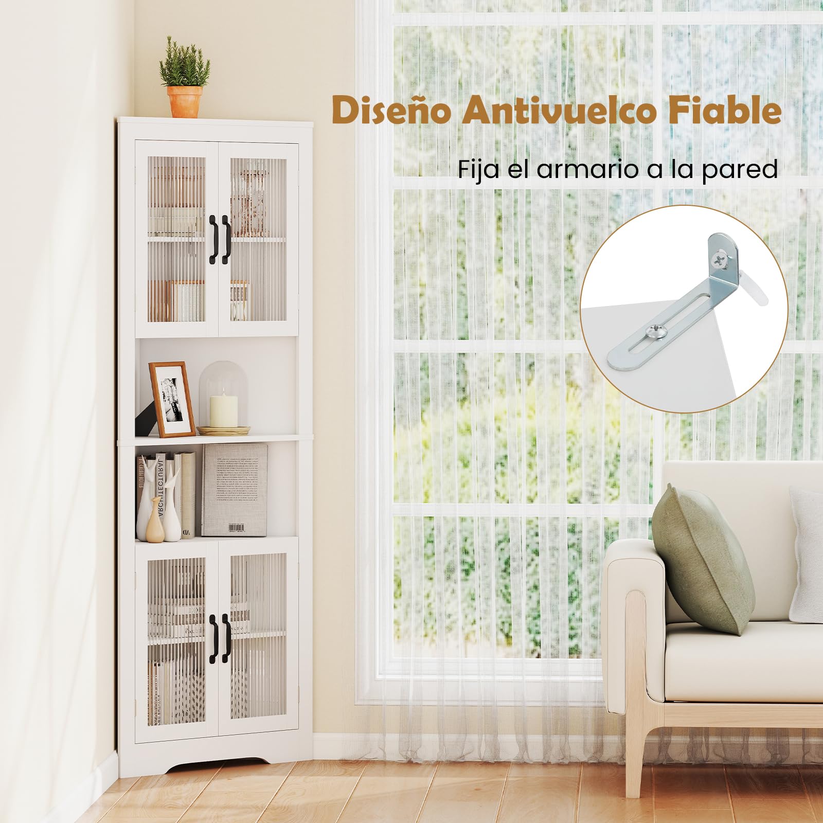 GOPLUS Armario de Esquina de 6 Niveles, Gabinete Alto Esquinero con 4 Puertas de Vidrio Templado, 2 Estantes Ajustables en 3 Niveles, Mueble de Baño de Suelo para Salón Cocina, Blanco