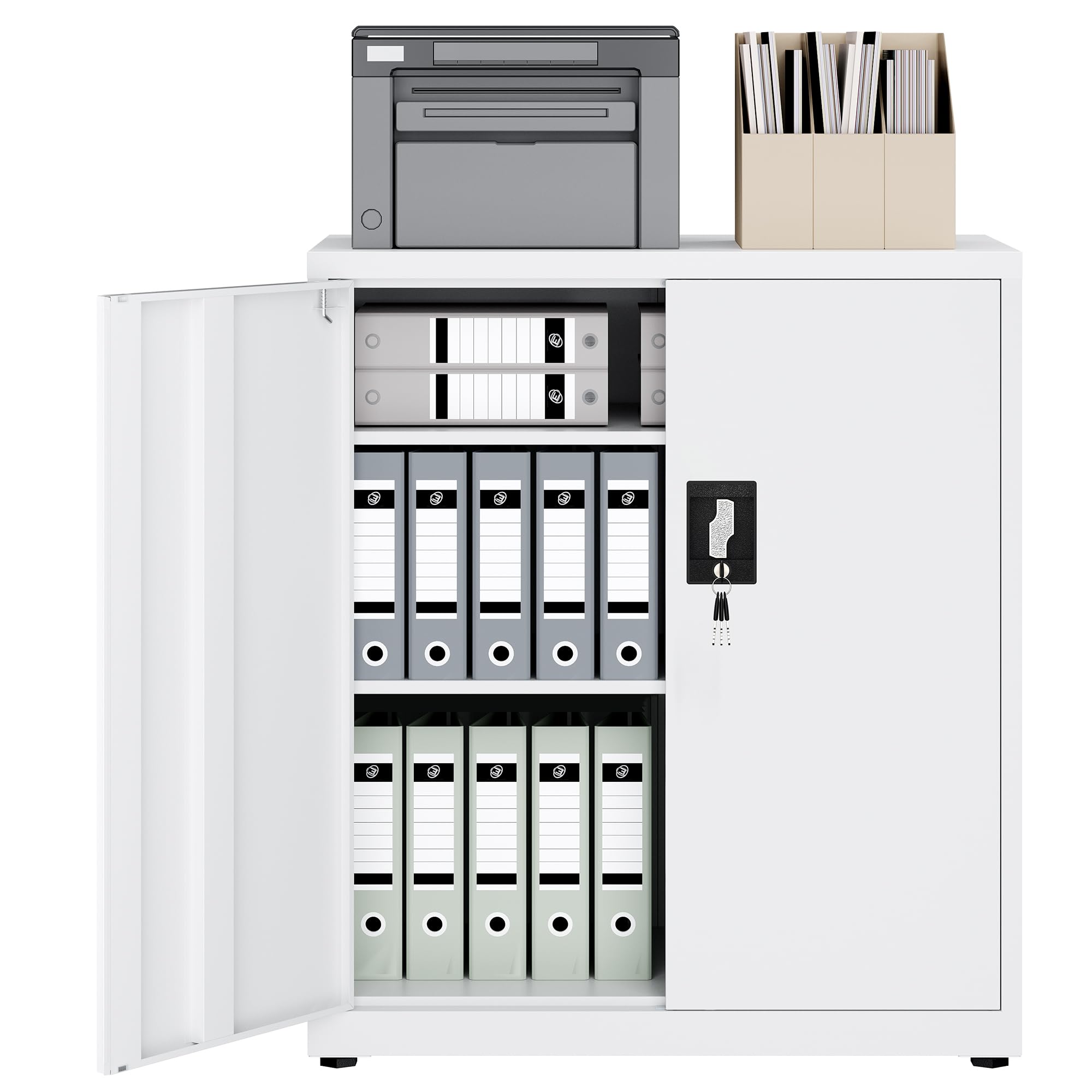 LAND·VOI Armadio in Acciaio 3 Ripiani con Serratura Ripiani Regolabili Ante a Doppia Porta Armadio per Ufficio Mobile in Metallo per Ufficio Garage Cucina Officina 80x40x91.5cm