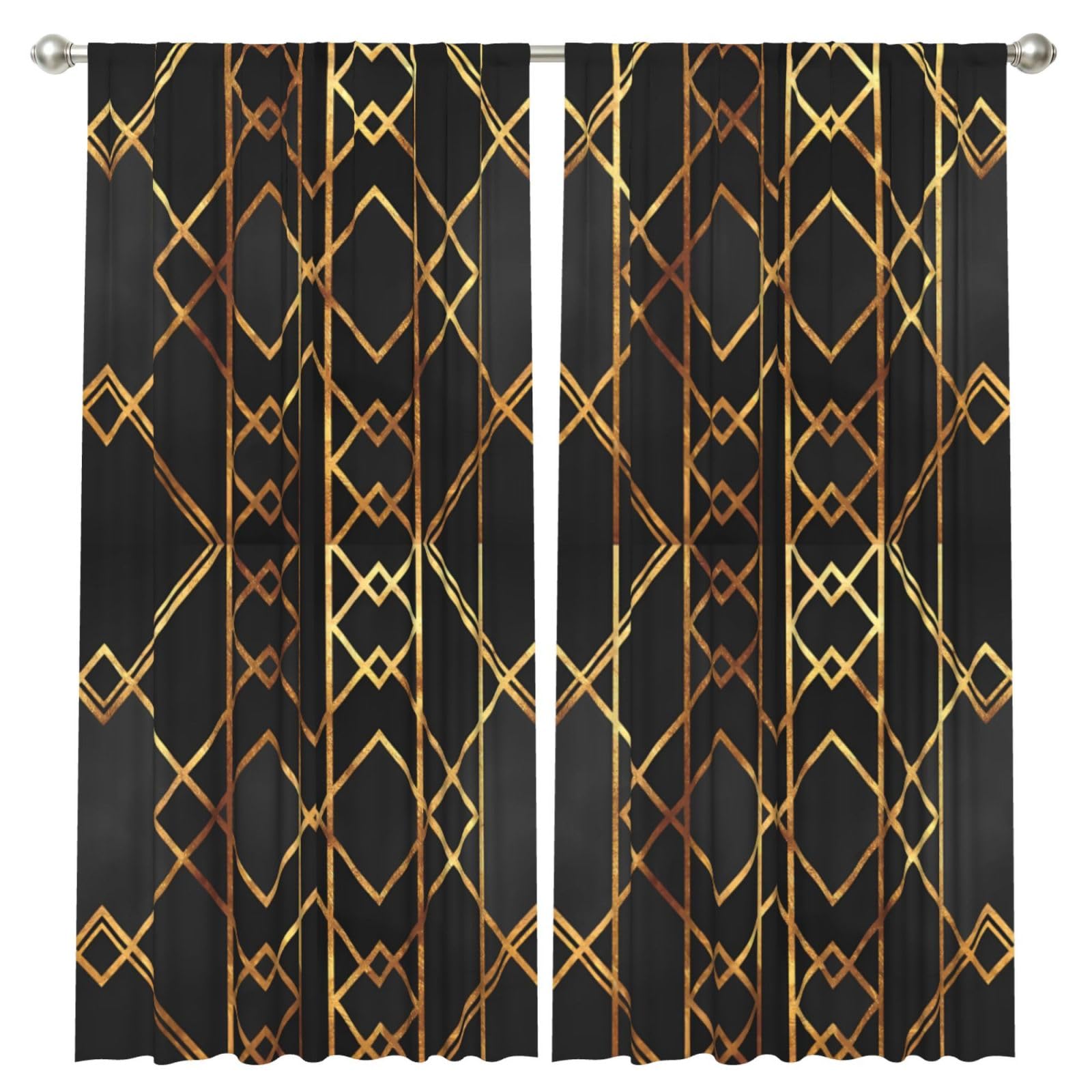 InOmak Black Gold Geometric, 2 Panels Window Curtains 52 x 84 Inch Blackout Curtains for Living Room Bedroom