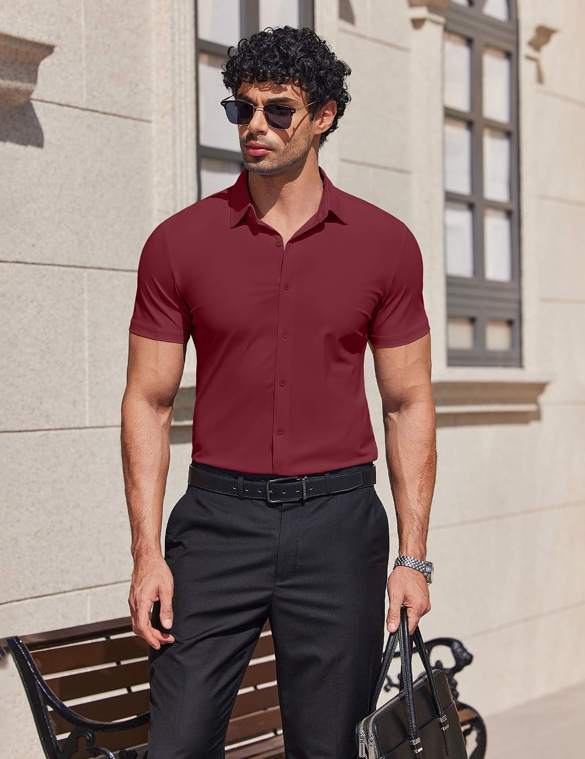 COOFANDY Mens Muscle Fit Dress Shirts Stretch Wrinkle Free Short Sleeve Button Down Shirt Casual Solid Untucked Shirt