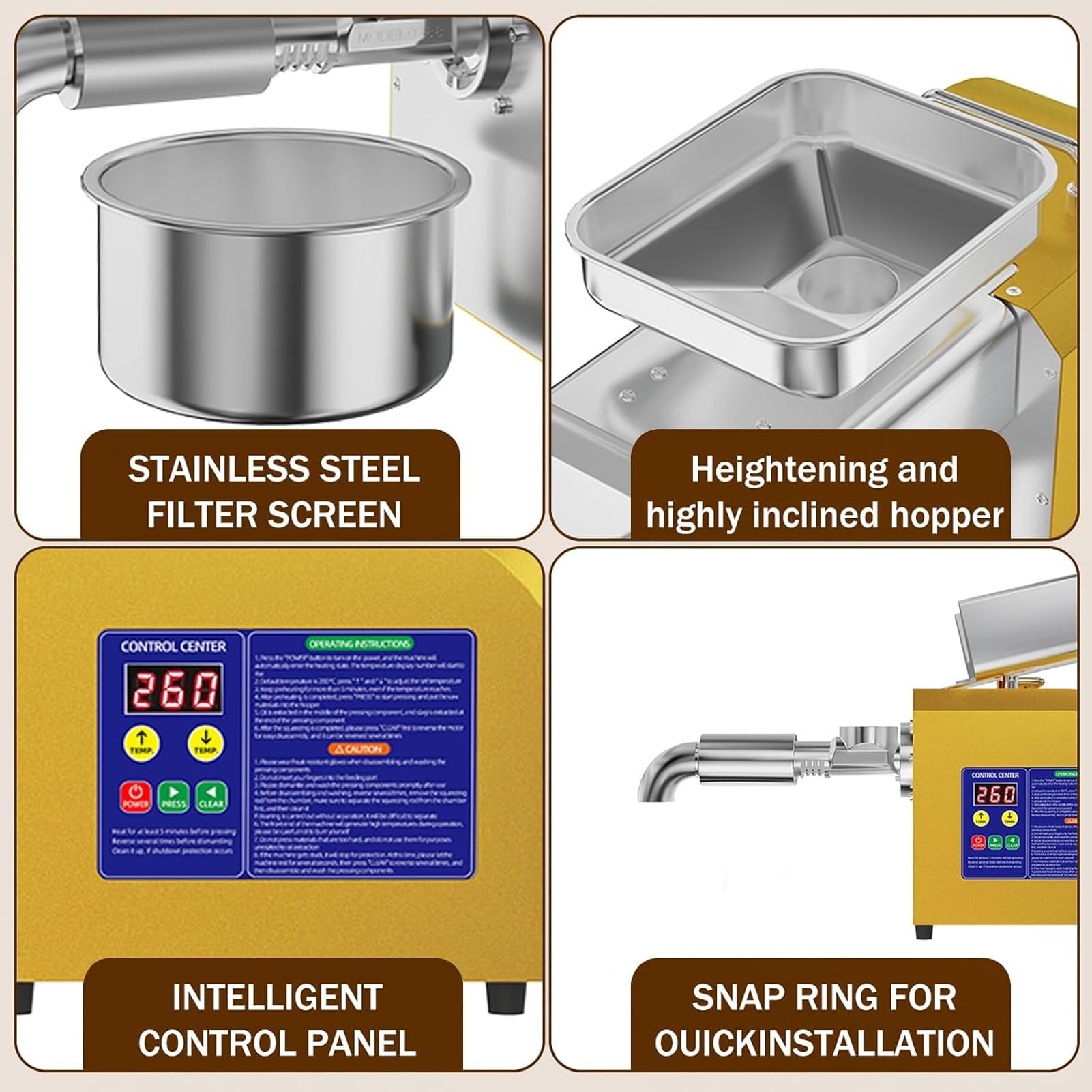 Prensa de Aceite Comercial automática, Extractor en frío y en Caliente, Pantalla Digital de Temperatura, Acero Inoxidable, para restaurantes, pequeños talleres y Uso doméstico.