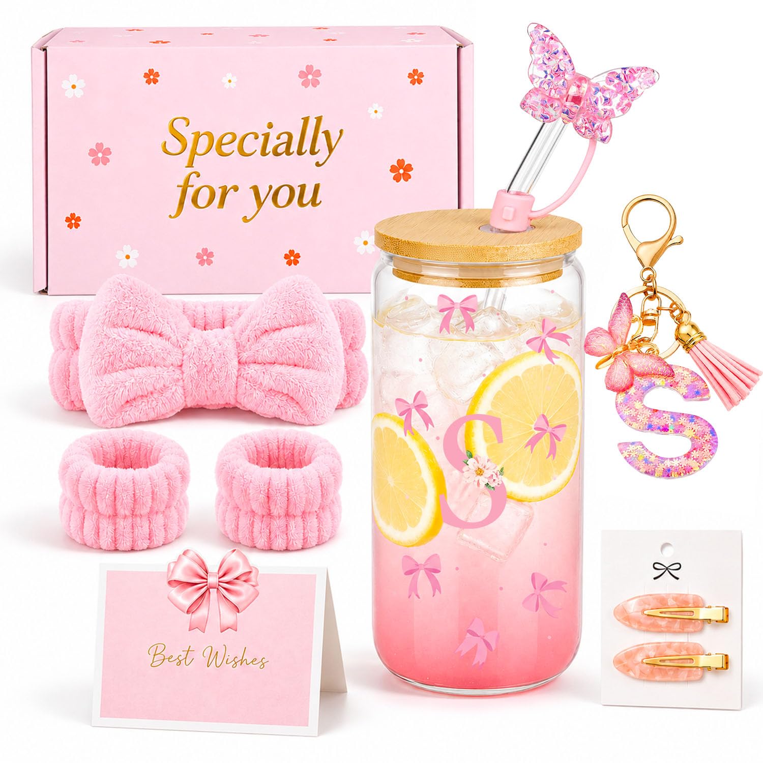 TUZELIYA S Personalised Initial Gifts for Girls, Pink Birthday Gift Set for Teen Girls, Letter Glass Tumbler Gift Set with Bow Headband, Best Friend, Daughter, Sister, Niece