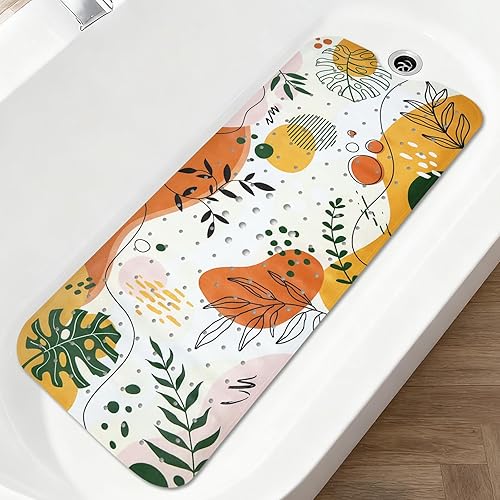 Tapete antideslizante de 40 x 16 pulgadas, extra largo, bohemio, para bañera, tapete decorativo para bañera con orificios de drenaje, ventosas,