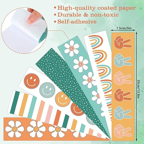 Miniatura 2 de AnyDesign Bordes bohemios de 80 pies para tablón de anuncios, diseño de margaritas de arco iris, bordes de flores, groovy, retro, para decoración de