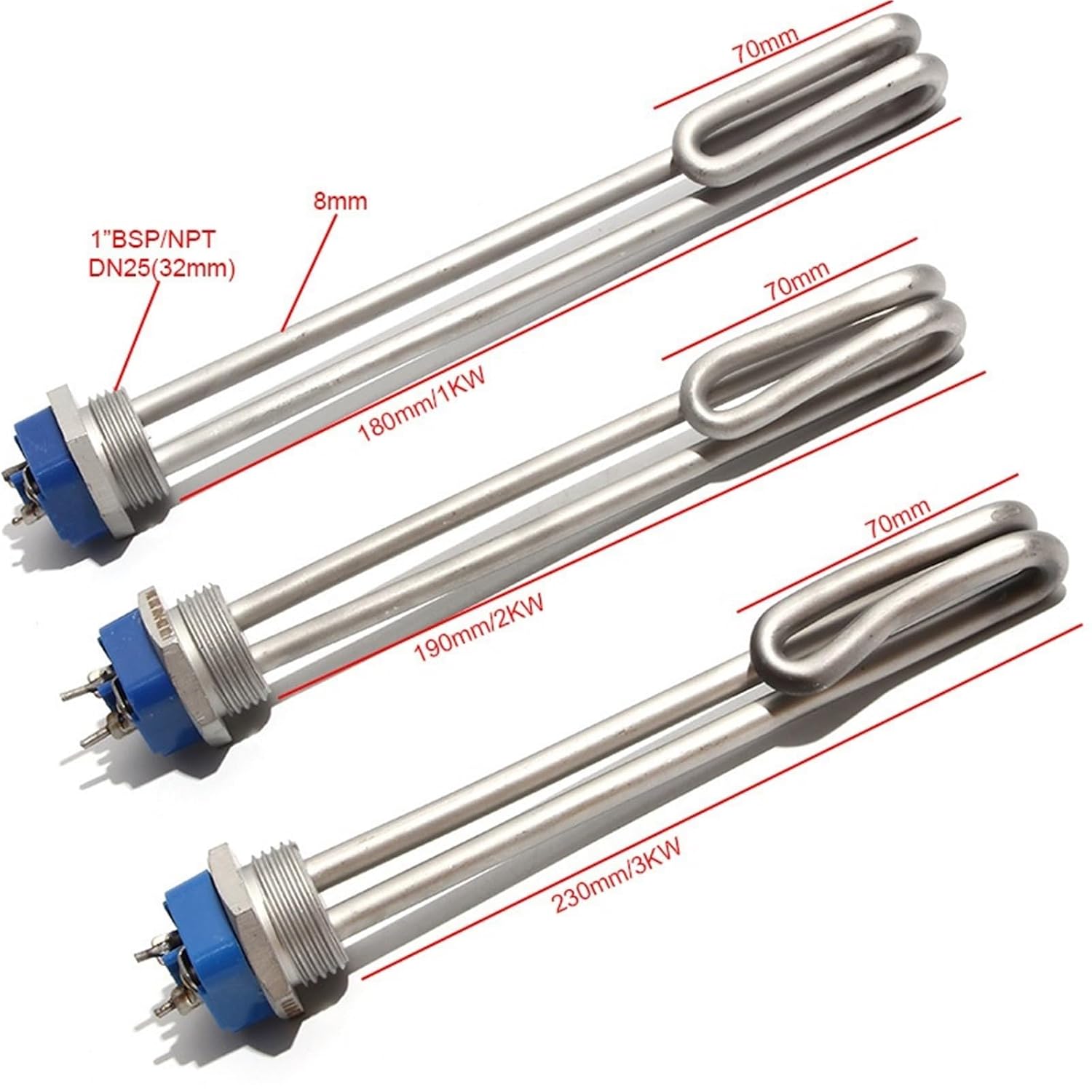 1" BSPT Heating Element 220V-240V DN25 Screw in Type | Water Immersion Heater for Water Boiler All 304SUS(11,220-240V BSP_2KW 190MML)