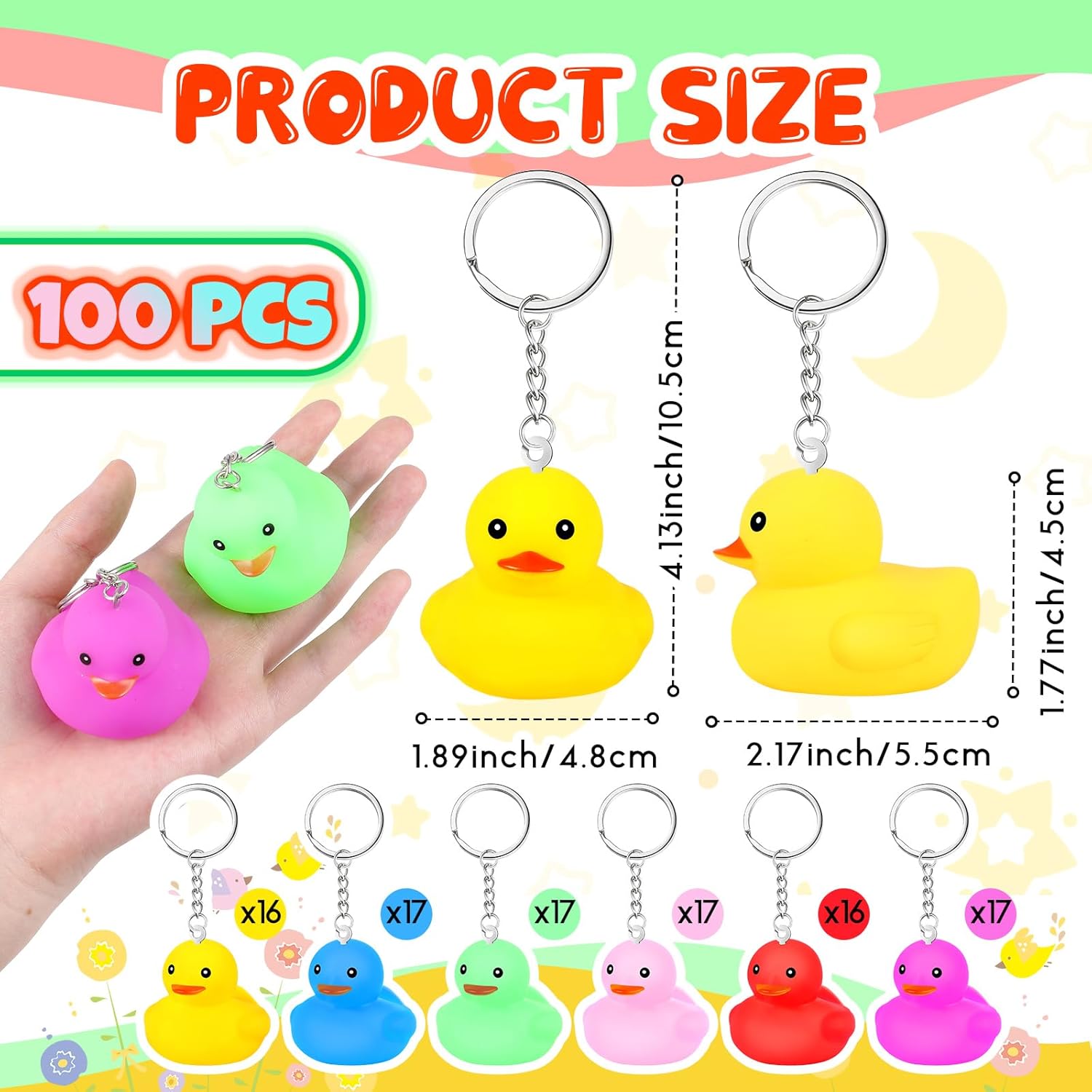 Deekin 100 Pcs Rubber Duck Keychain 2.17'' Cruise Duck Squeaky Cute Keychains Bulk 3D Chains for Carnival Party Gift (Classic)