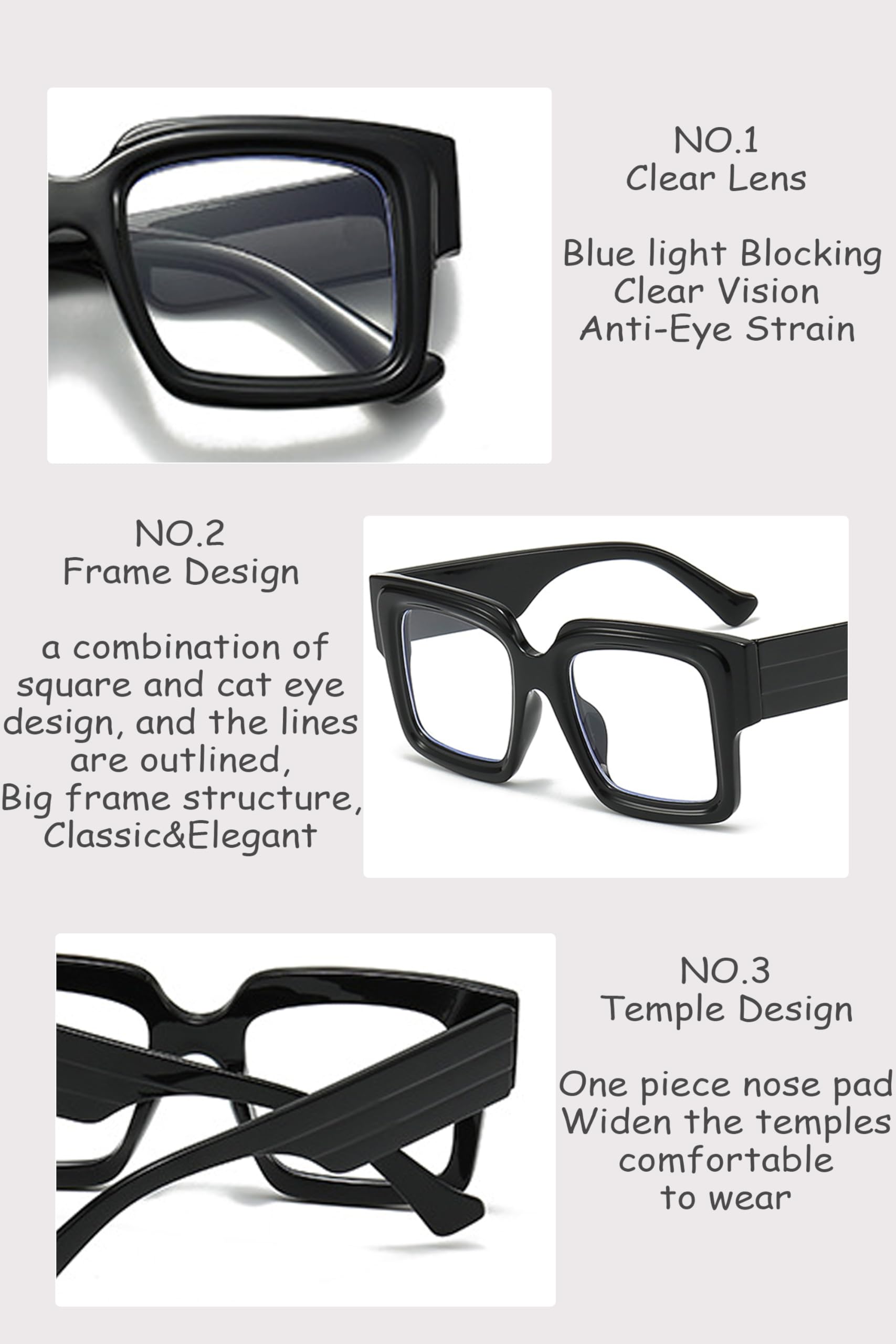 Onrtry Übergroße quadratische Blaulicht-Brille für Damen und Herren, klobiger großer Rahmen, Computer-Brille, nicht verschreibungspflichtige Brillen