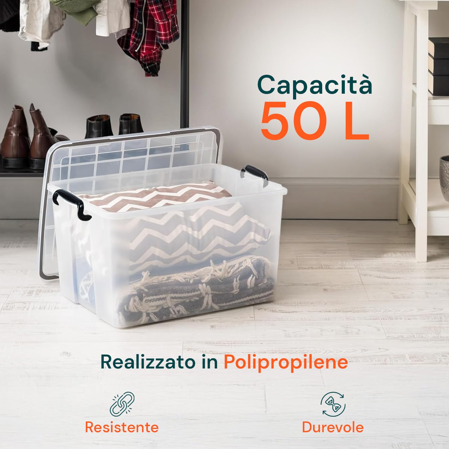 Wintem Contenitore Plastica 50L con Coperchio e Ruote, Grande e Trasparente per Armadio - Box Organizzatore con Maniglie Nere e Ganci Laterali per Chiusura Sicura