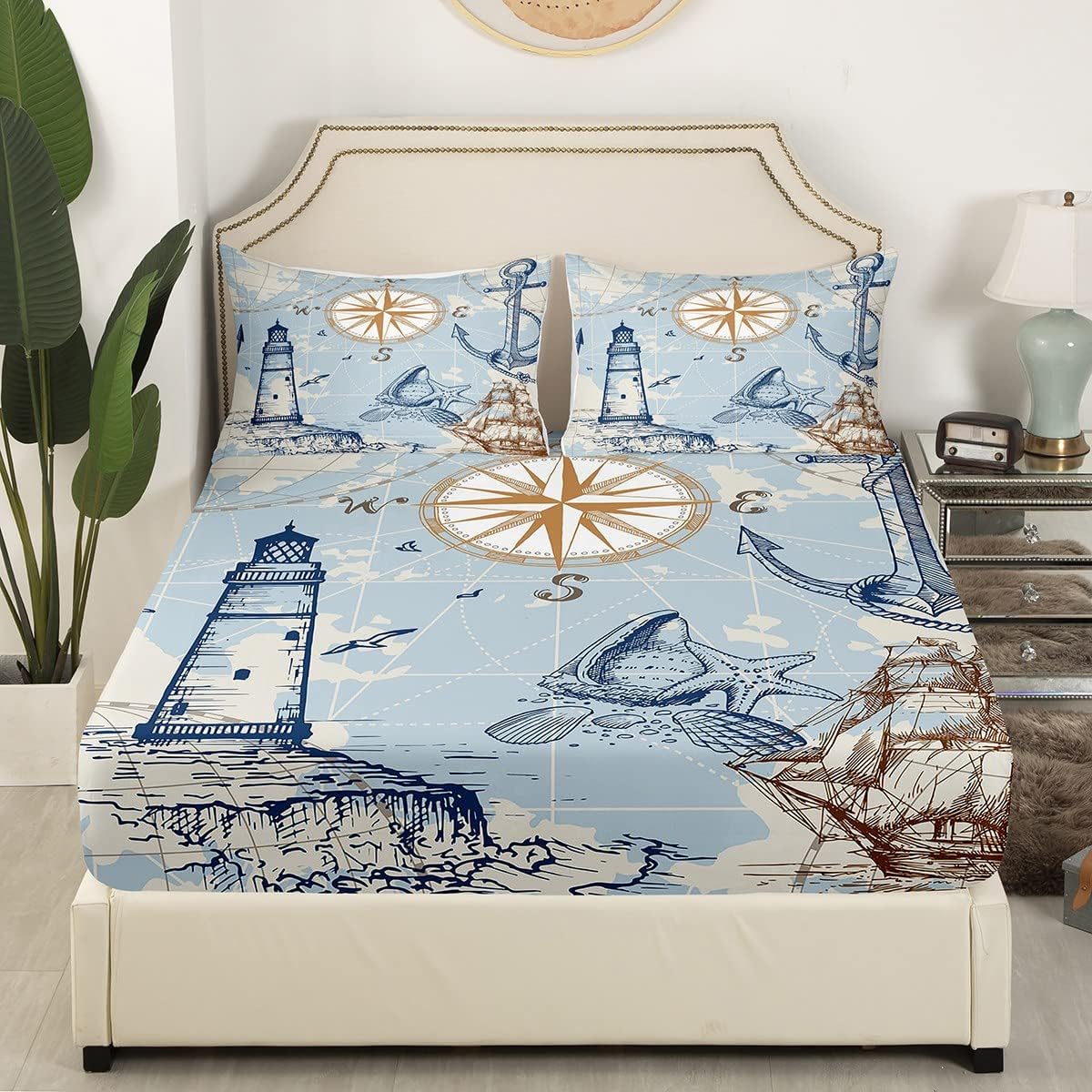 Erosebridal Nautical Anchor Sheets Vintage Sail Boat Lighthouse Bed Sheets Queen Conch Starfish Seashell Sheet Set Ocean Wave Fitted Sheet Sketch Style World Map Bedroom Decor Soft Cozy