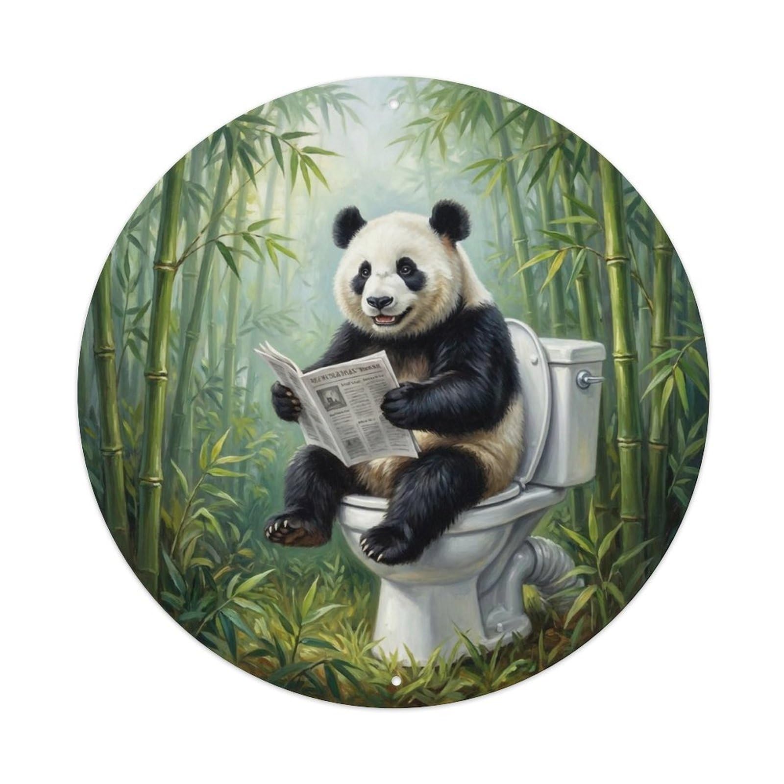 Panda On Toilet Humorous Bathroom Bamboo Grove Calm Metal Tin Sign