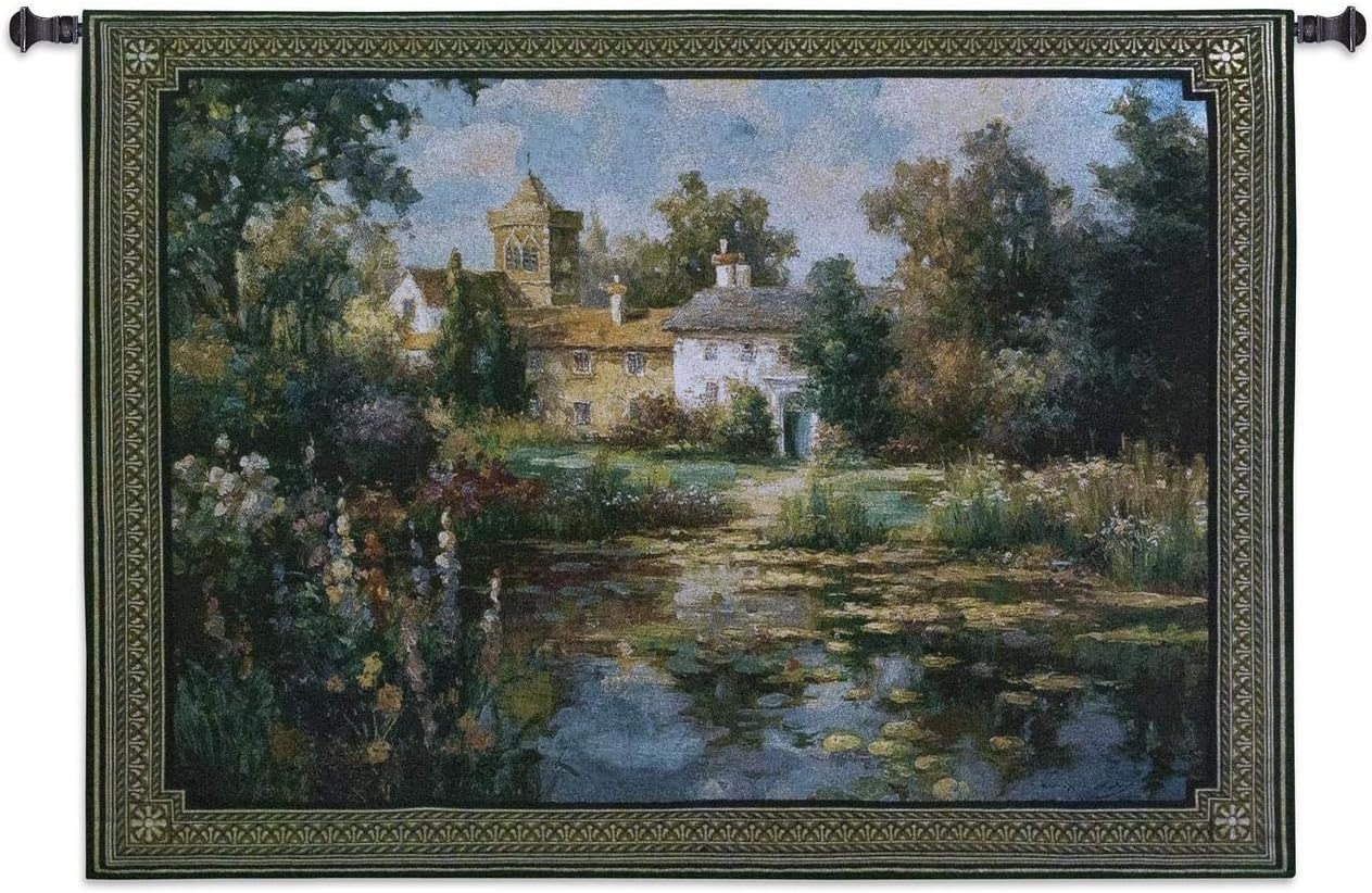 Summer Escape by Vail Oxley | Woven Tapestry Wall Art Hanging | Peaceful Floral Pond Befor Stately English Manor | 100% Cotton USA Size 53x37