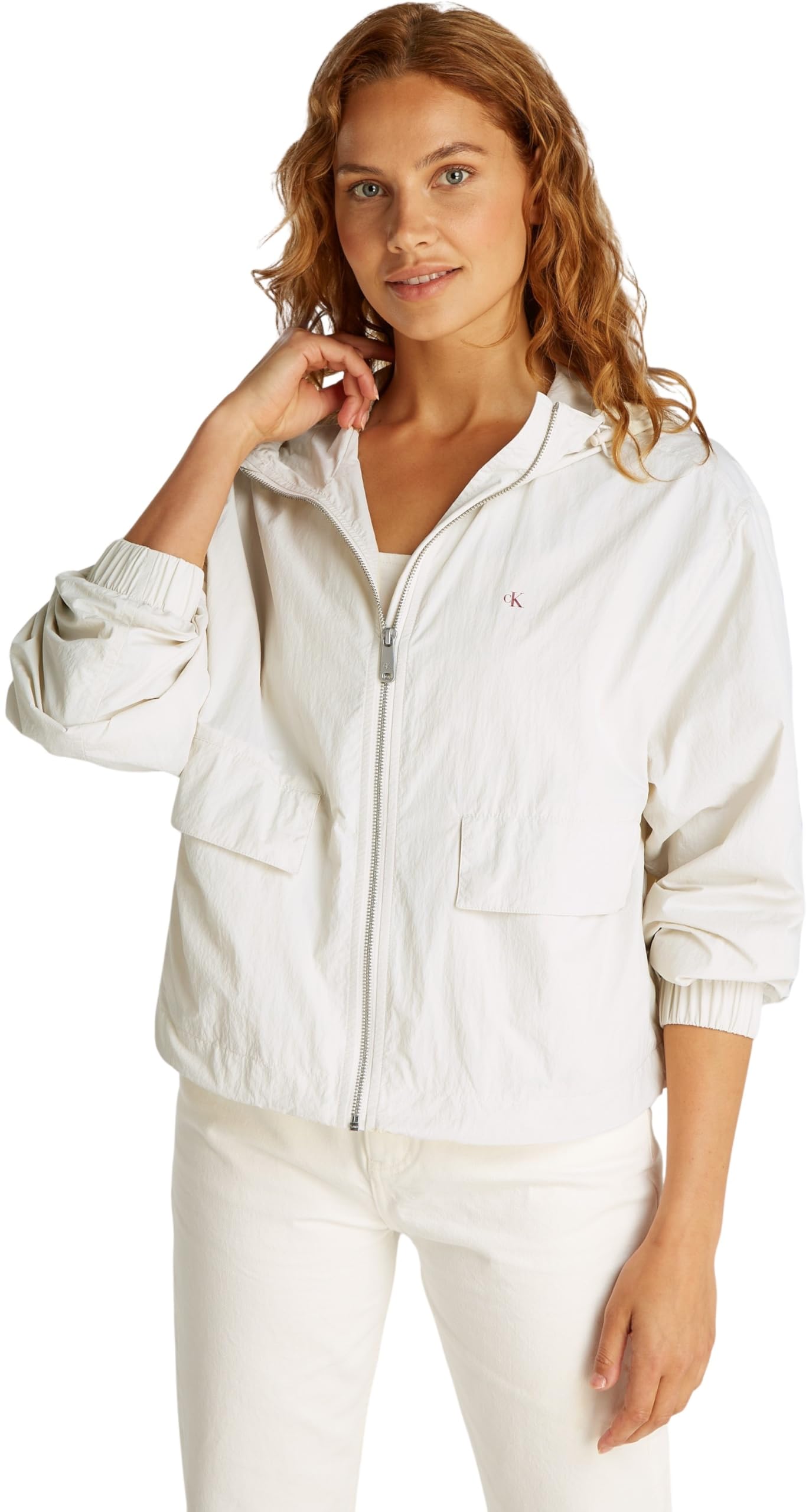 Calvin Klein Women's Lightweight Cotton Nylon Windbreaker, Beige (Tofu), XS