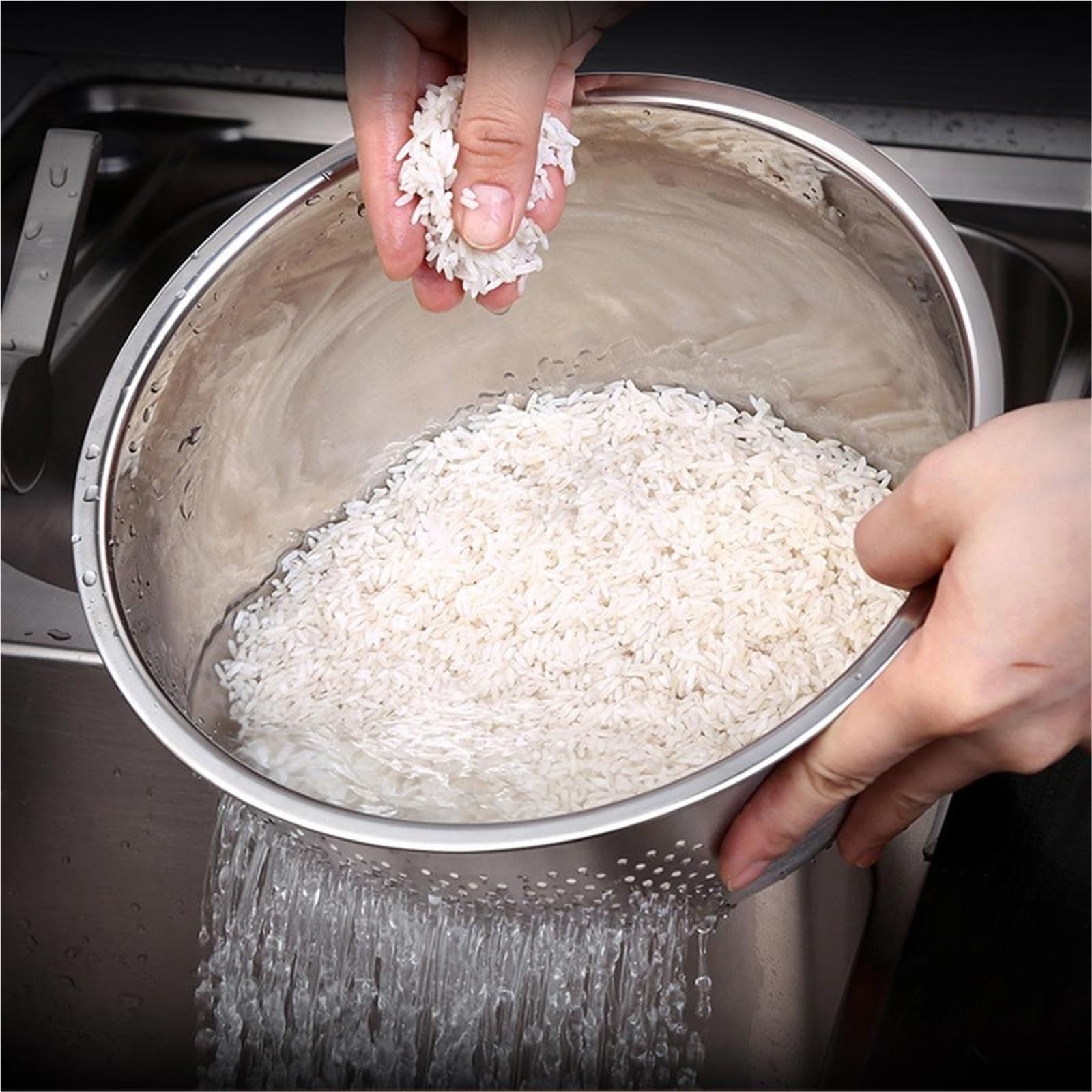 Colador De Arroz De Acero Inoxidable Colador de cocina, colador acero inoxidable, lavadora arroz, cuencos for lavar frutas y verduras for limpiar, herramientas(26cm)
