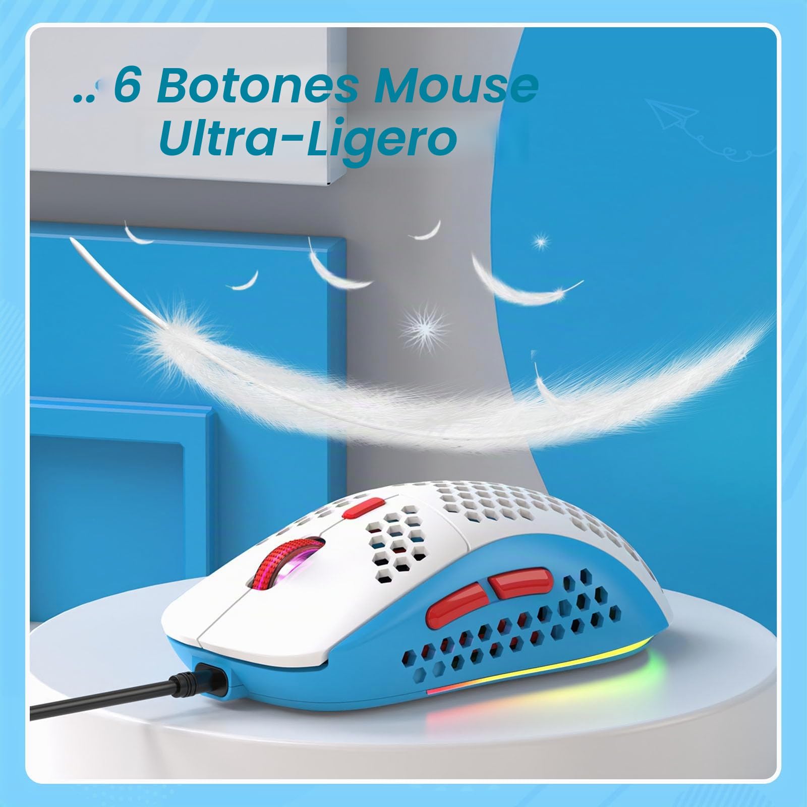 ZIYOU LANG T60 Teclado y Ratón para Juegos con Cable USB C en Espiral, UK Layout (QWERTY) Compact 60% Iluminado Teclado Mecánico Linear Rojo Switch-6400dpi RGB Mouse para PC Mac - Azul