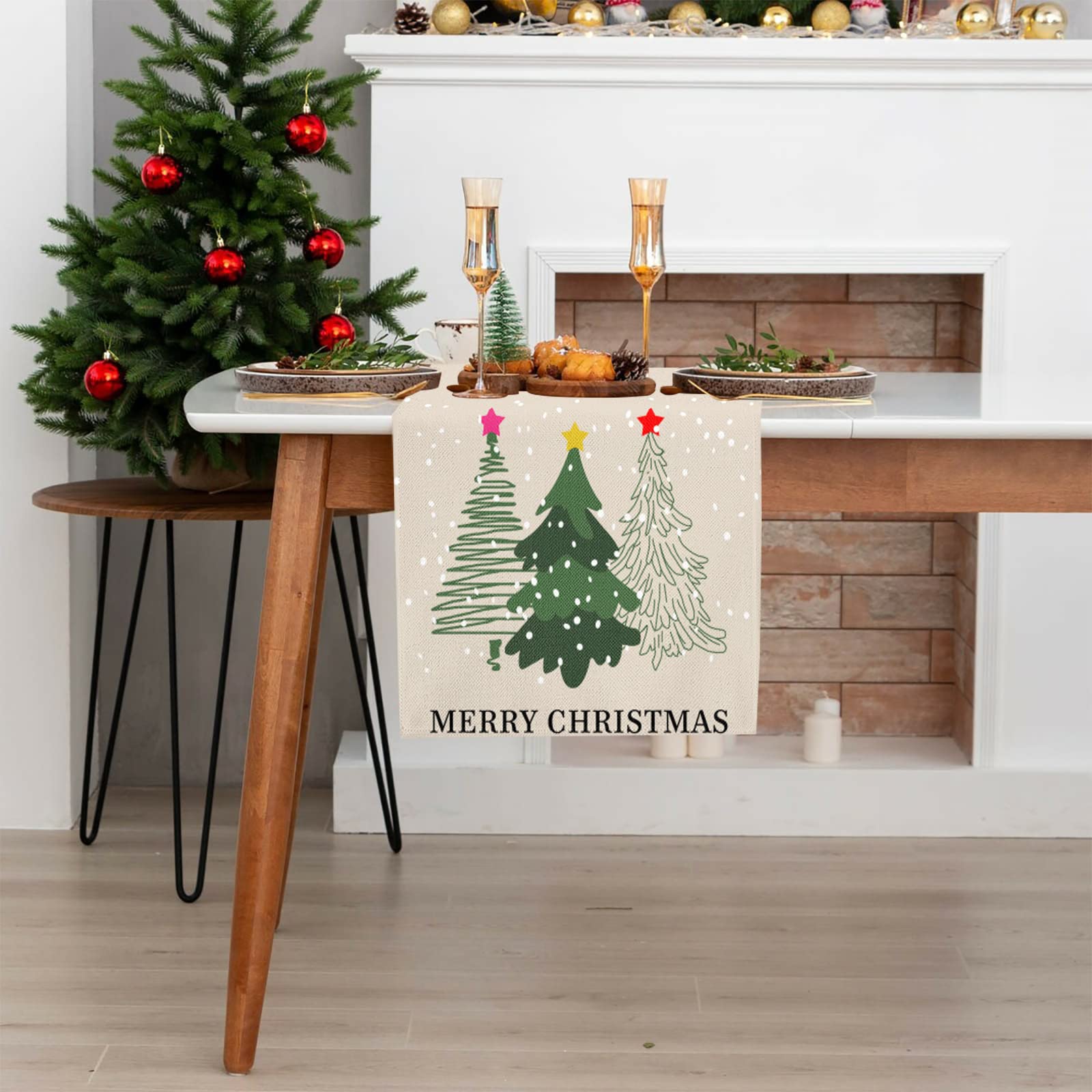 The Holiday Aisle® Chemin De Table Aquarelle Cerfs Arbres Flocons De Neige De Noël, Décoration De Table De Salle à Manger De Vacances D'hiver De Noël Pour La Décoration Intérieure Et Extérieure