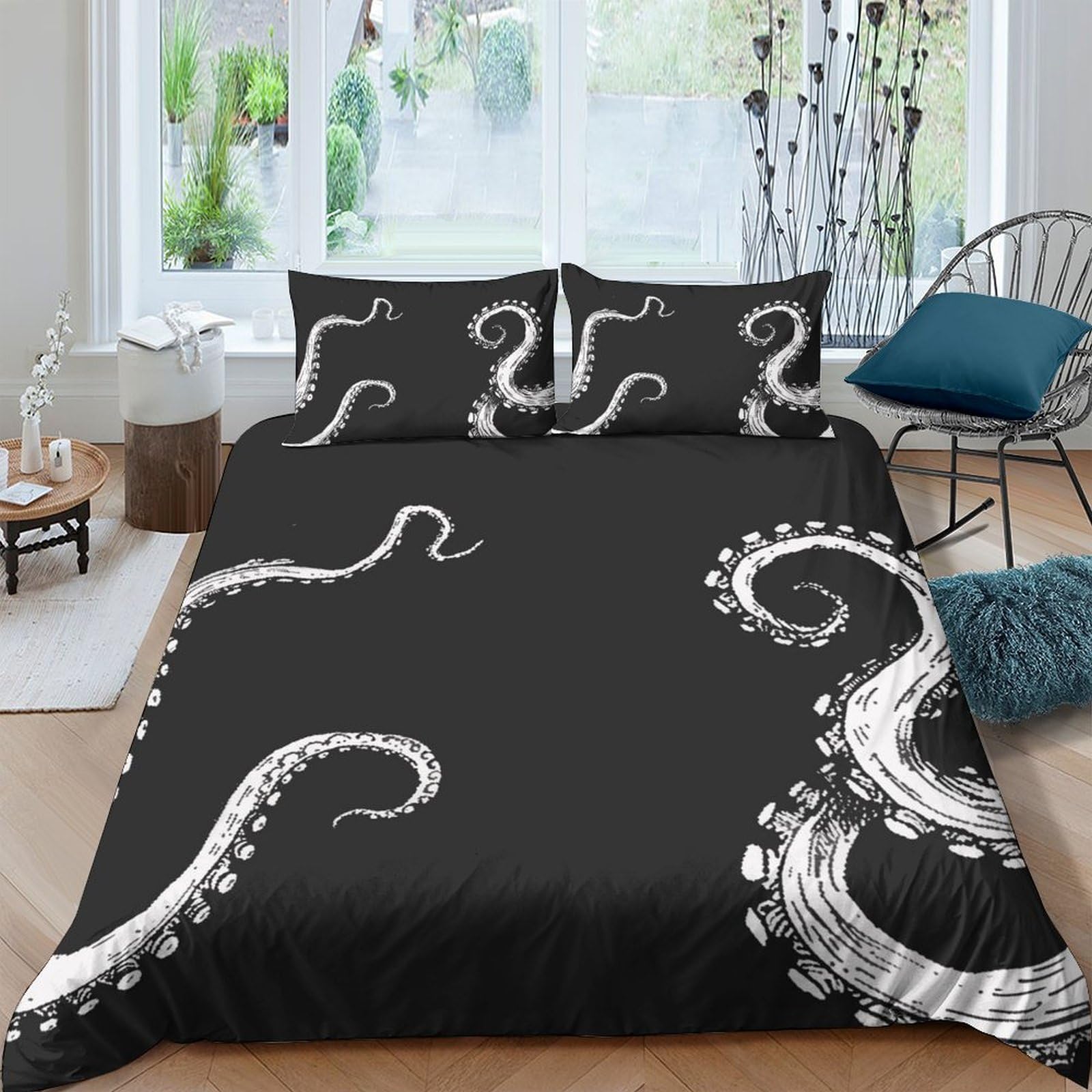 GPLZQXKJNH 3D Printed Octopus Tentacle Duvet Cover Set Black Microfiber Soft Breathable Bedding Set with 2 Pillowcases for Bedroom Decor Single（135x200cm）
