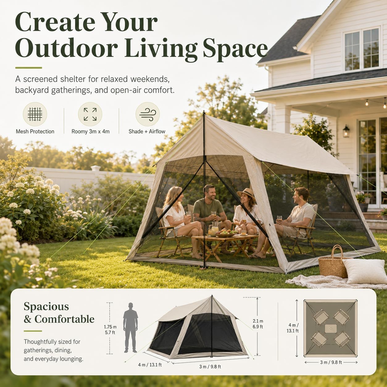 Screen House Tent 13 x 10 ft, Mesh Camping Shelter with All-Around Mesh Ventilation, Outdoor Screen Room with Shade Canopy for Patio Picnic Camping, Fits 4-6 People
