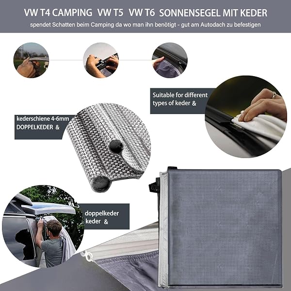 Auvent Caravane Auvent pour Voiture V-w T5 Camping Auvent Voiture Voile D'ombrage avec Passepoil (4-6mm) T4 T6 Imperméable Anti UV Tente Barres Bande Tempête pour Auvent - 3