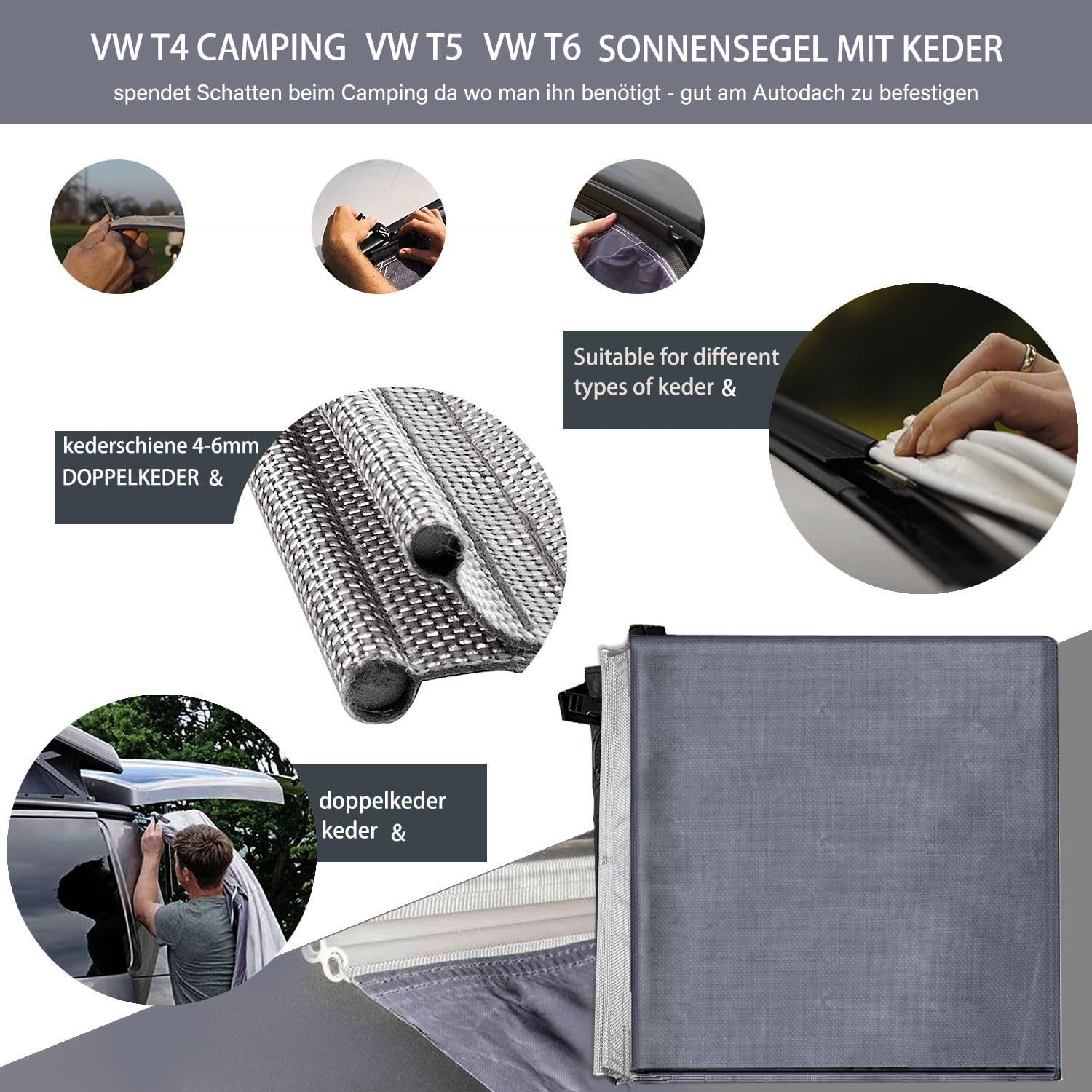 Markise Auto, Sonnensegel Wohnwagen, T5 Camping, keder, Markisen Auto, Sonnensegel Mit Keder (4-6mm), T4, T6, Waterproof, Awnings, Anti-UV, Have Zeltstangen, 2.5x2.5x2.48m(Grau) Sport & Freizeit