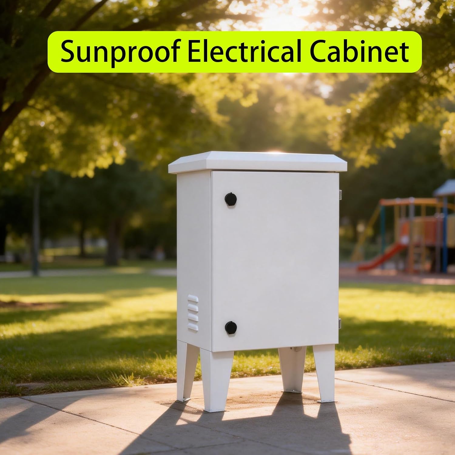 Steel Outdoor Electrical Enclosure with Rain Hood IP Waterproof Box for Electronics Nema Box with Fan Vented, Electrical Cabinet with Floor-mounting Legs 20X24X12
