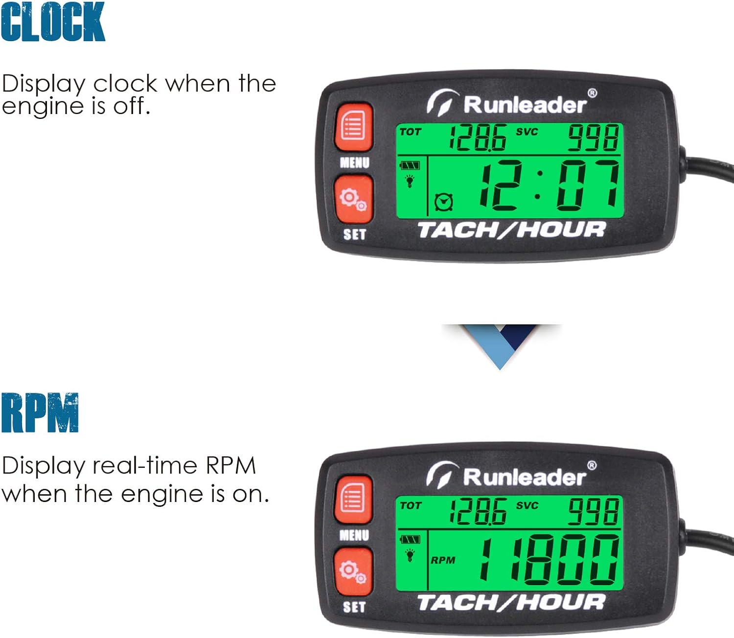 Runleader Hour Meter Tachometer,Maintenance Reminder,Alert RPM,Backlit Display,Initial Hours Setting,Battery Replaceable,Use for ZTR Mower Generator Marine ATV and Gas Powered Device. (Button-Red)