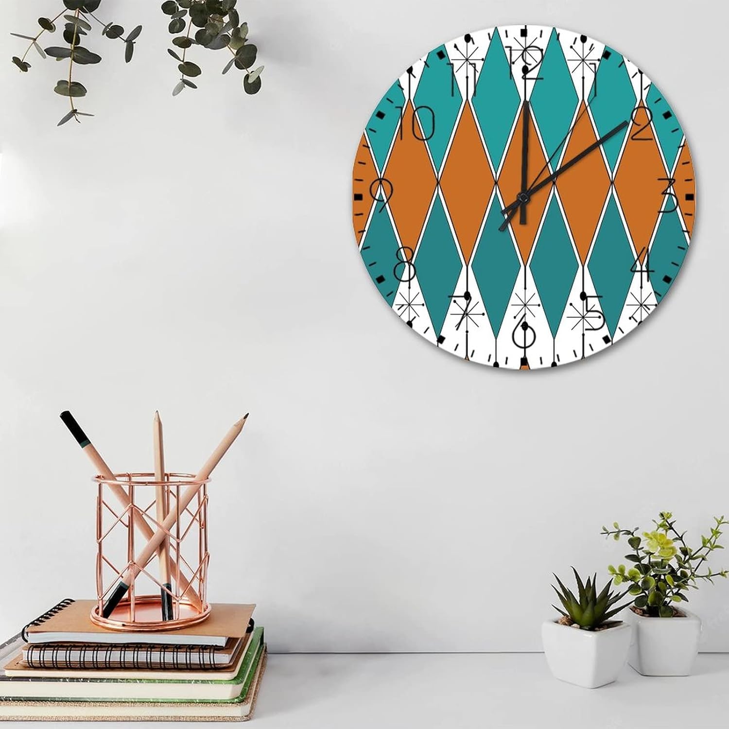 15 Inch Wood Hanging Wall Clock Geometric Rhombus Colorful Fireplace Decor for Bathroom Rustic Abstract Striped Boho Wall Clocks Round Wooden Wall Clock Rustic for Auto Shop New Home
