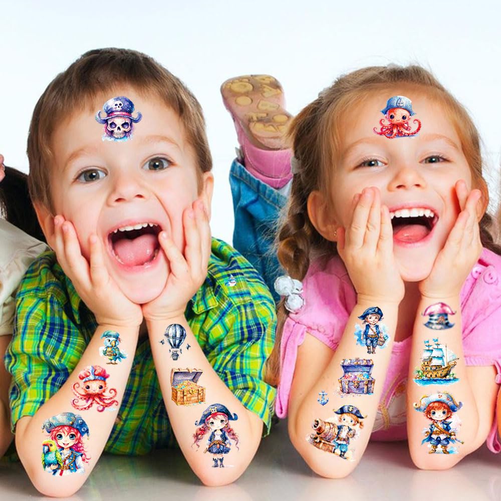 Pirate Glitter Tattoo for Kids 12 Sheets Temporary Tattoos for Kids Pirates Gifts for Girls Boys Pirate Party Decorations - Image 4