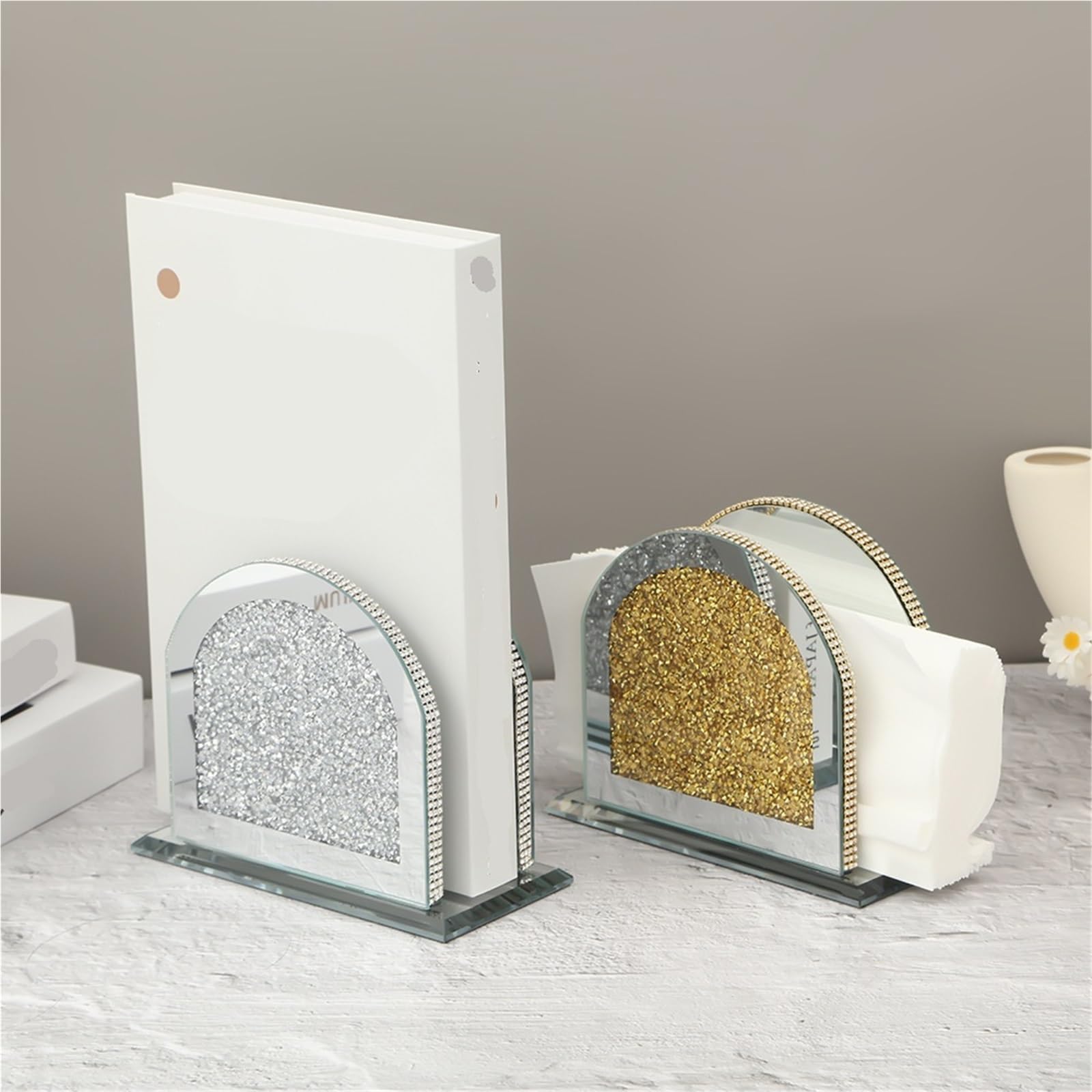 Portatovaglioli da Tavola Portatovaglioli a specchio in vetro elegante verticale con diamante schiacciato in cristallo for bancone o tavolo(Gold)