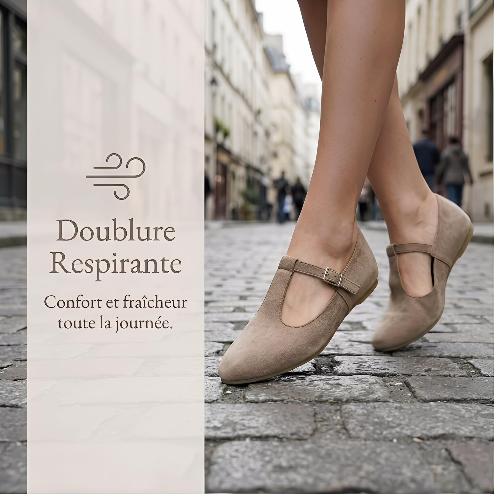 GLAMORA Ballerines Babies Femme Bride T Barre Boucle Réglable Effet Daim Chaussures Plates Bout Amande Salomés Souples Confortables Mary Jane Chaussures Basses
