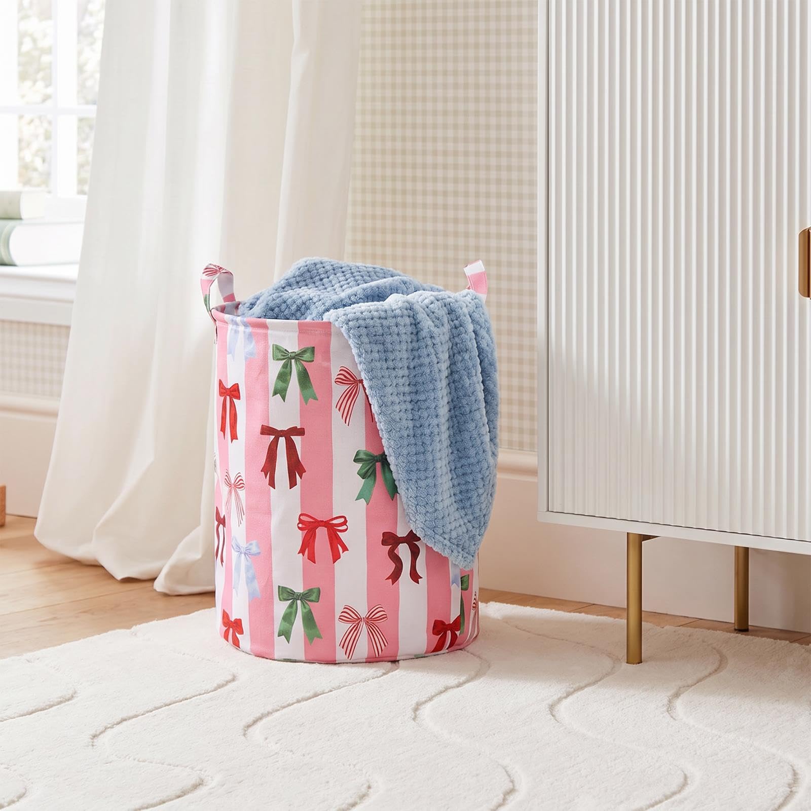 OHS Bow Stripe Kids Laundry Basket Baby Storage Bin Toy Basket, Pink/White โ image 1