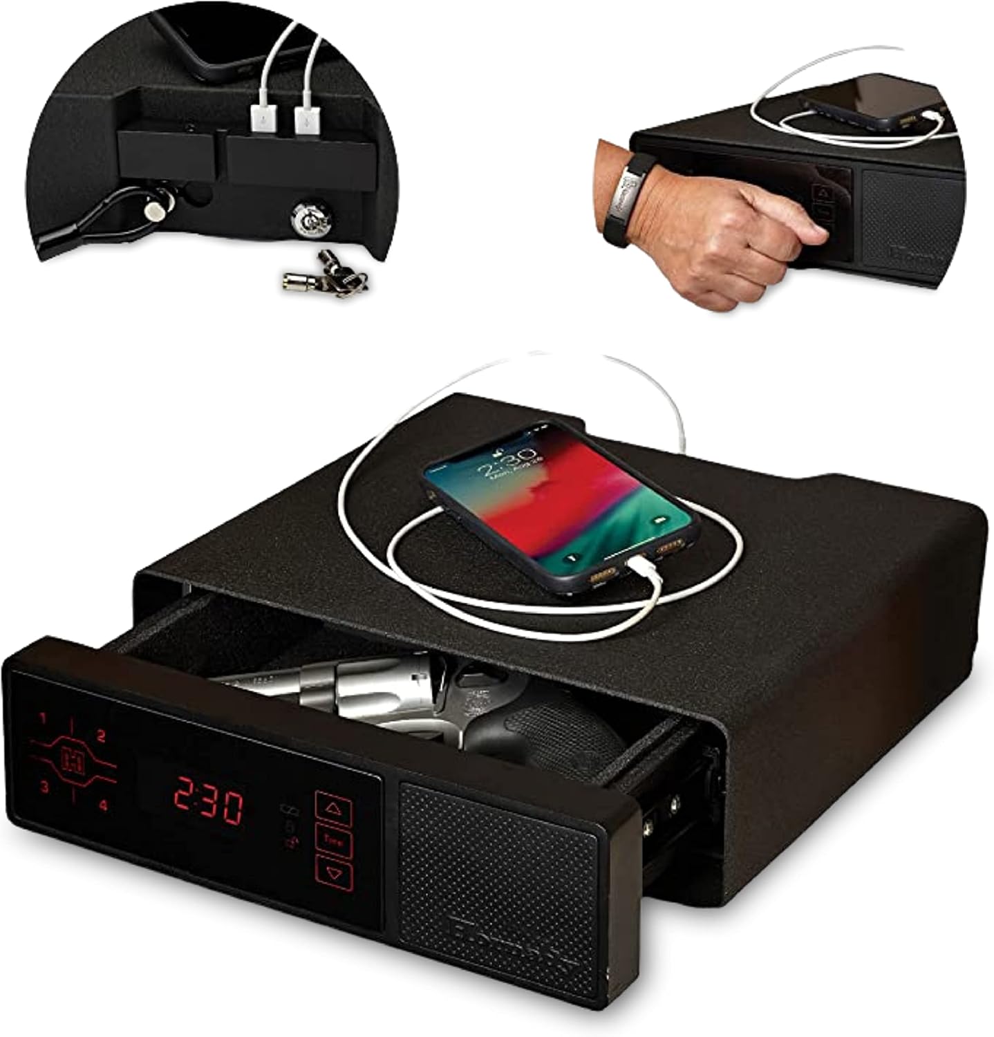 Hornady Rapid Safe Night Guard – Nightstand Gun Safe with RFID Reader, Clock, USB Ports – RFID Safe for Fast, Multiple Method Entry – Includes Rapid Safe, 3 Methods of Entry and Security Cable