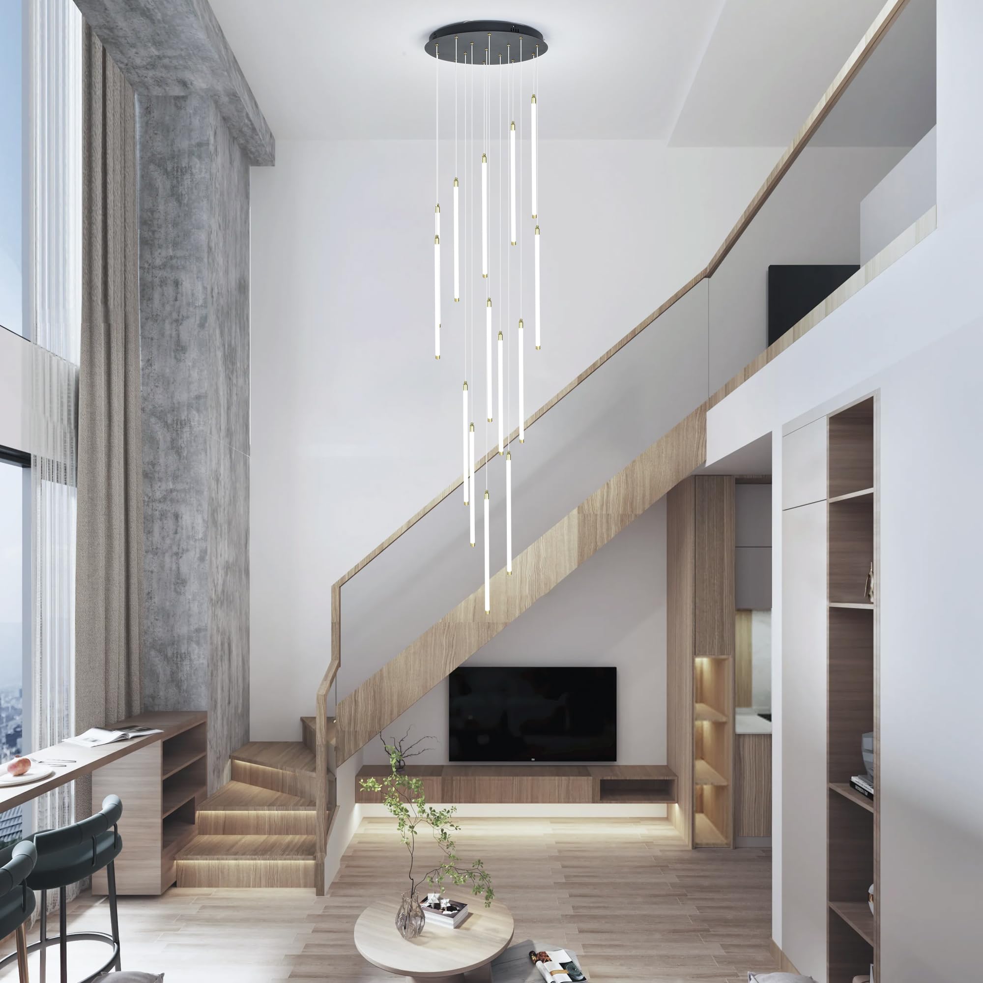 Qcyuui Nowoczesna Lampa Wisząca z 15 Światłami na Sufit, Regulowana Wysokość, Bardzo Duża Lampa Wisząca na Wysokie Sufity, Idealna na Poddasze, Schody, Salon, Willę, Elegancka Lampa Schodowa