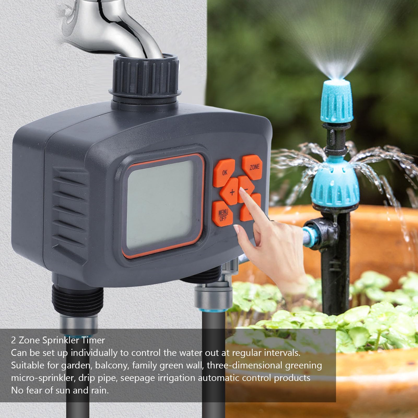 Timer digitale per rubinetto con tubo flessibile a 2 uscite, timer programmabile per irrigatore per giardino, irrigazione esterna, timer per acqua per tubo da giardino, materiale