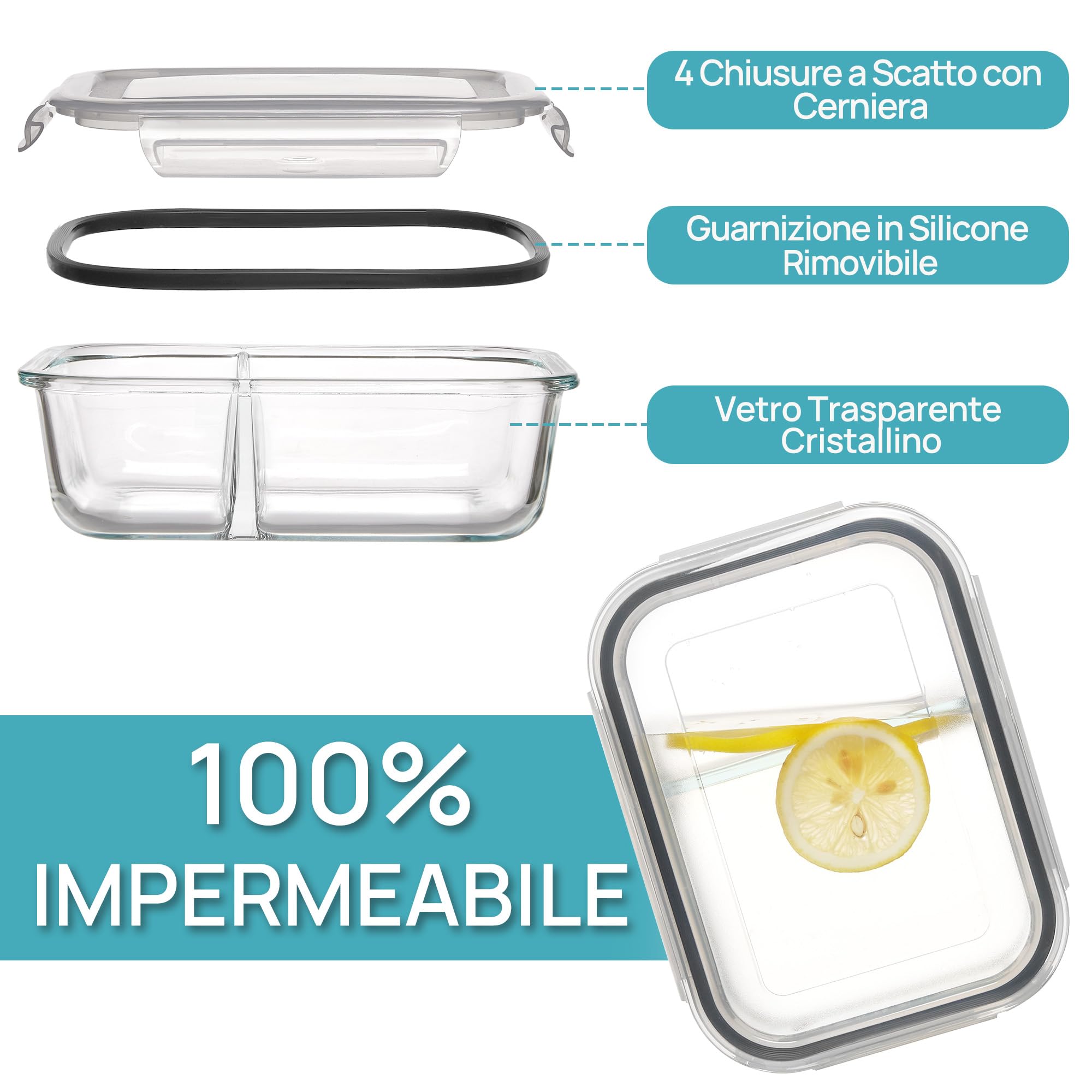 Vtopmart Set di 5 Contenitori Vetro per Alimenti Con 2 Scomparti, Porta Pranzo Vetro con Coperchio, Contenitori Ermetici per Alimenti,Adatti A Freezer, Microonde E Lavastoviglie, Senza BPA