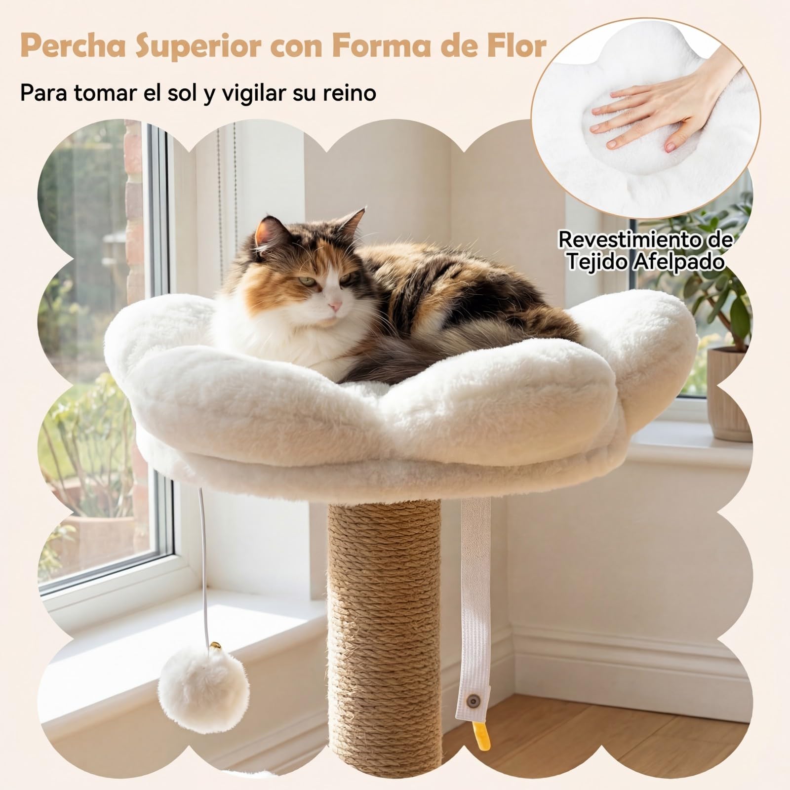 COSTWAY Árbol Rascador para Gatos, Torre para Gatos con Percha Superior Acolchonada en Forma de Flor, Condominio y Cama, 2 Bolas Colgantes con Cascabel y Postes, Mueble Multinivel para Escalar (Beige)