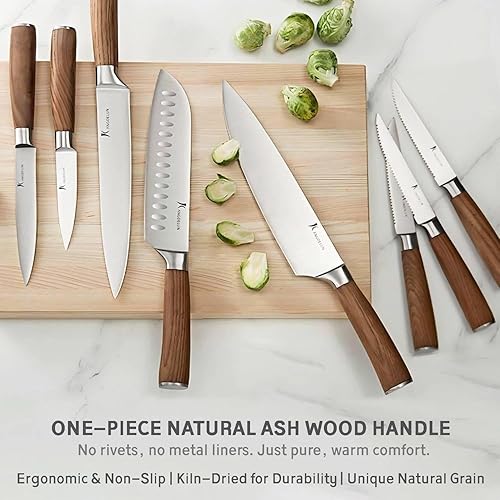 Miniatura 4 de Natura Series - Juego de 15 bloques de cuchillos, acero inoxidable de alto carbono ultra afilado con mango de madera, bloque marrón dorado Café