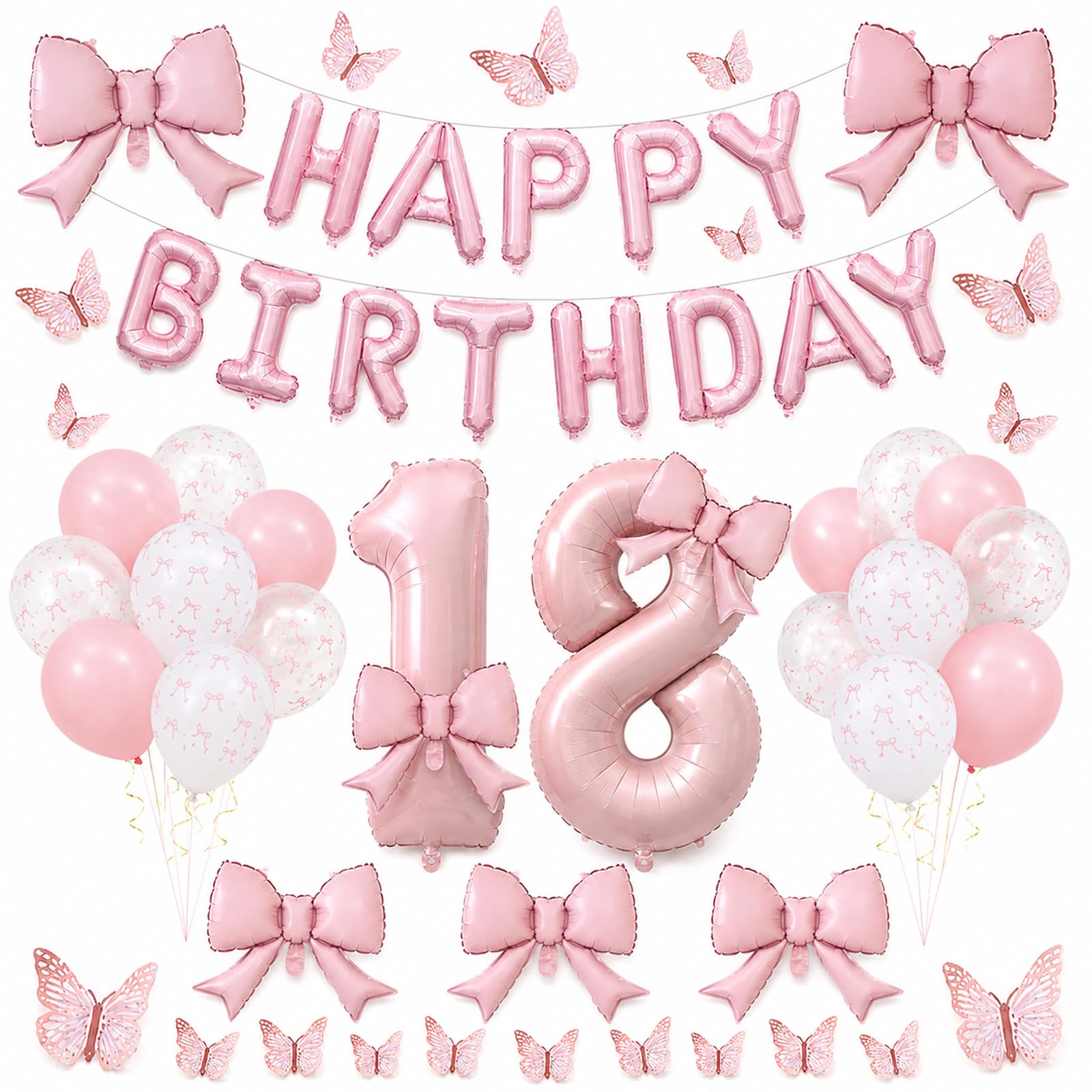 1 Set Pink 18th Balloon Kit With Bow & Butterfly – Birthday Party Decor