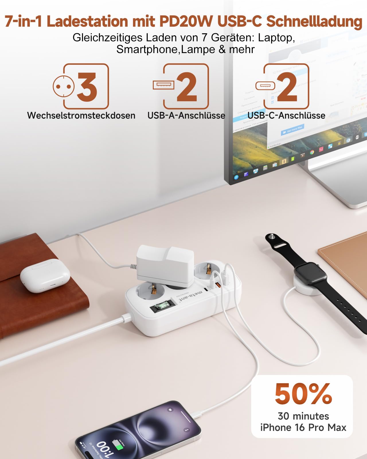 Ciabatta elettrica con USB PD20W, 3 prese, con protezione da sovratensione, 4000 W, presa con 4 USB (2 USB-C), 3 metri, presa elettrica a parete, per casa, ufficio, bianco